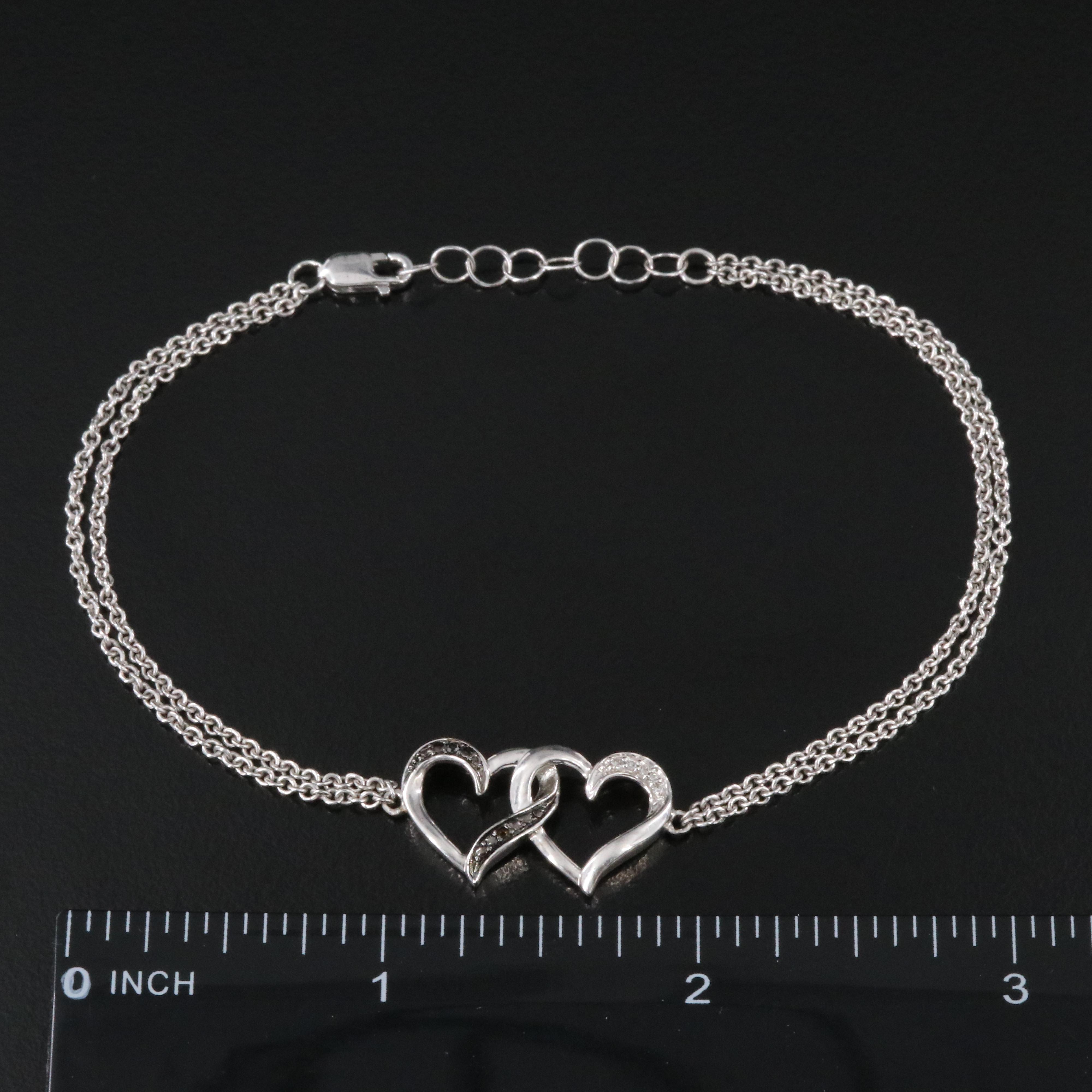 Sterling Diamond Two Heart Bracelet with Fancy Color Diamond Accent