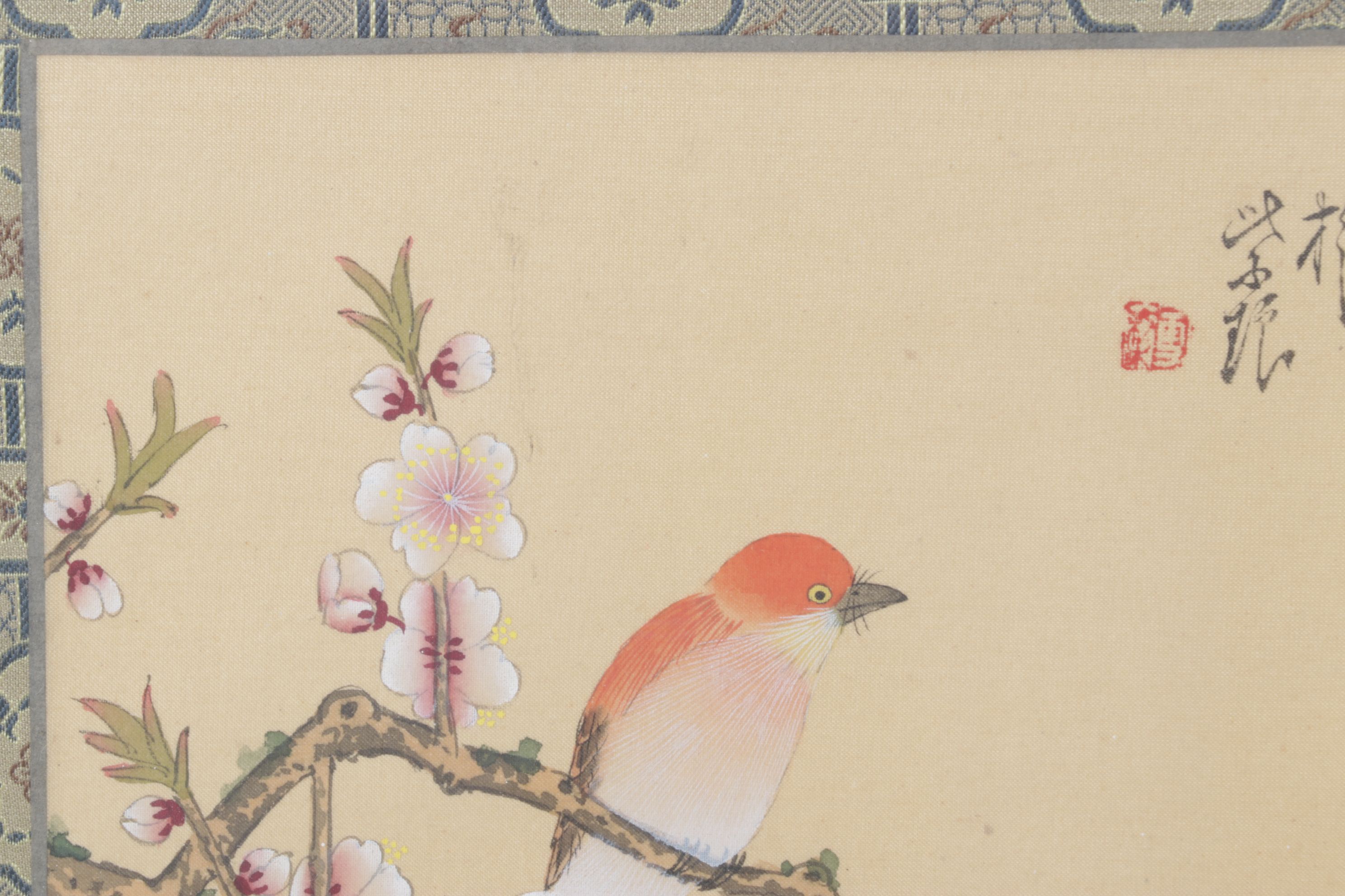 Chinese Gouache Paintings of Birds and Blossoming Peony Branches on Silk
