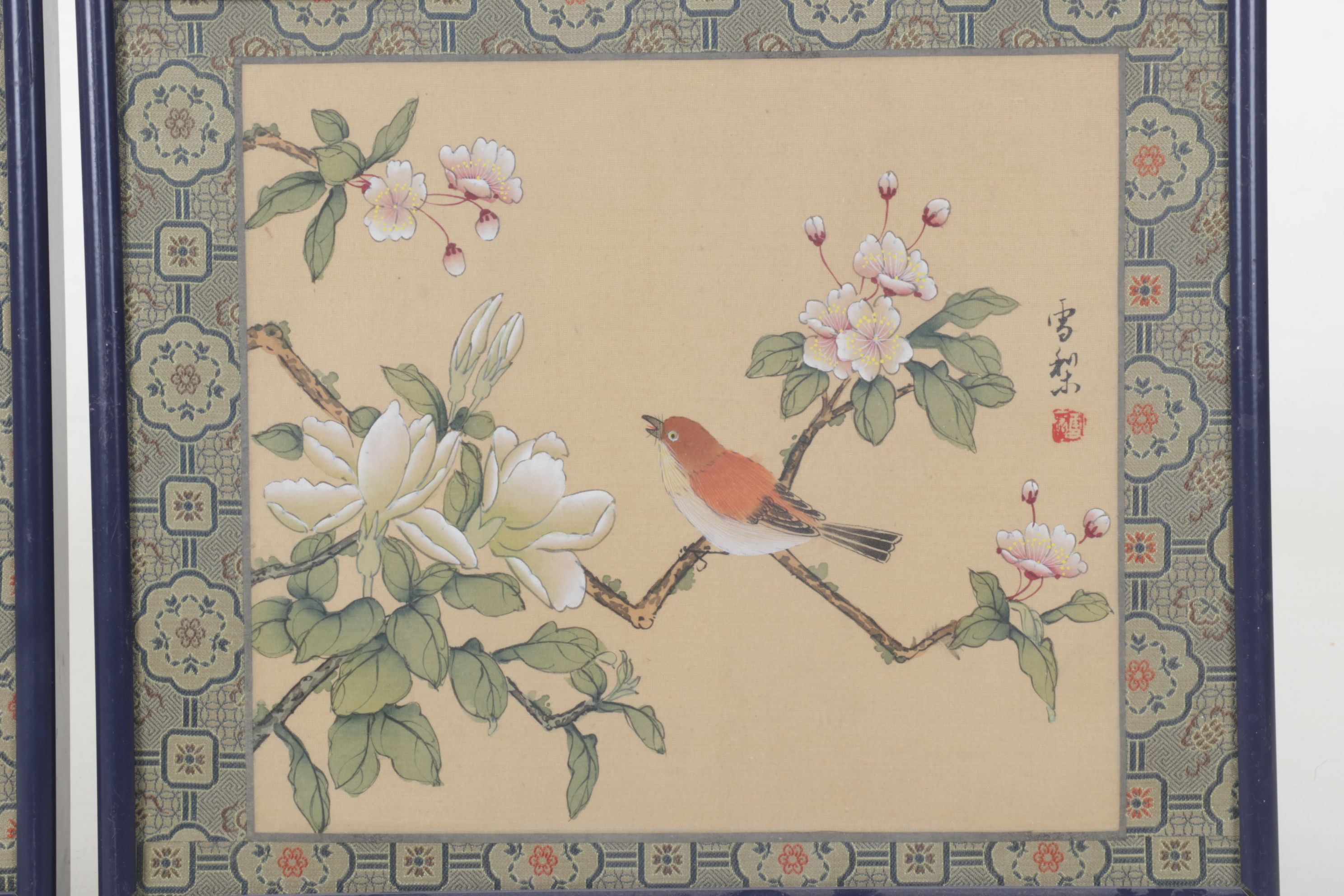 Chinese Gouache Paintings of Birds and Blossoming Peony Branches on Silk