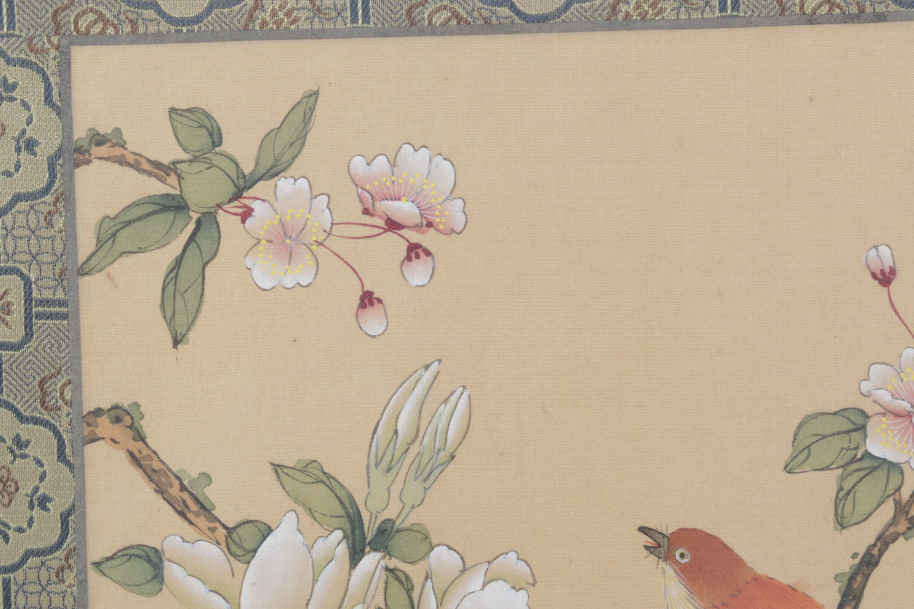 Chinese Gouache Paintings of Birds and Blossoming Peony Branches on Silk