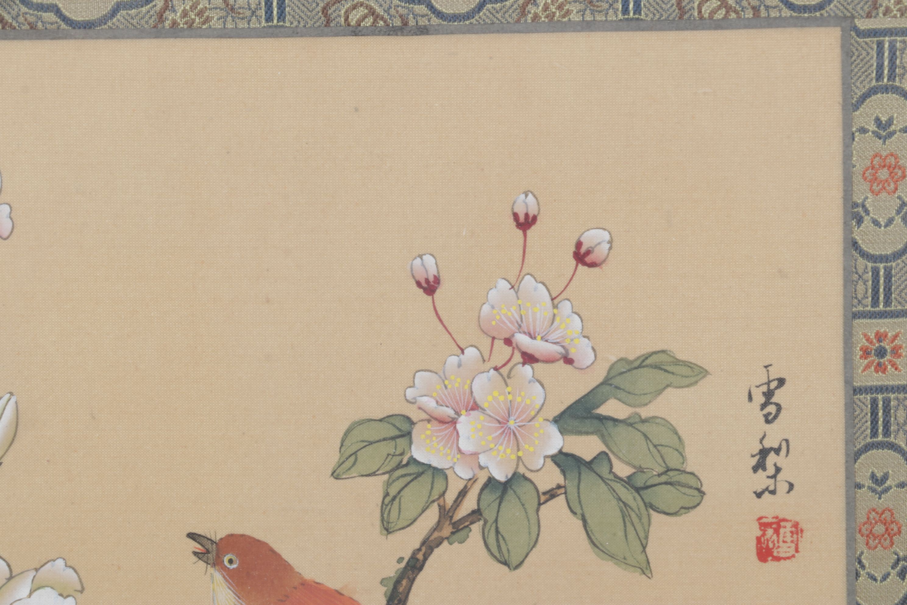Chinese Gouache Paintings of Birds and Blossoming Peony Branches on Silk