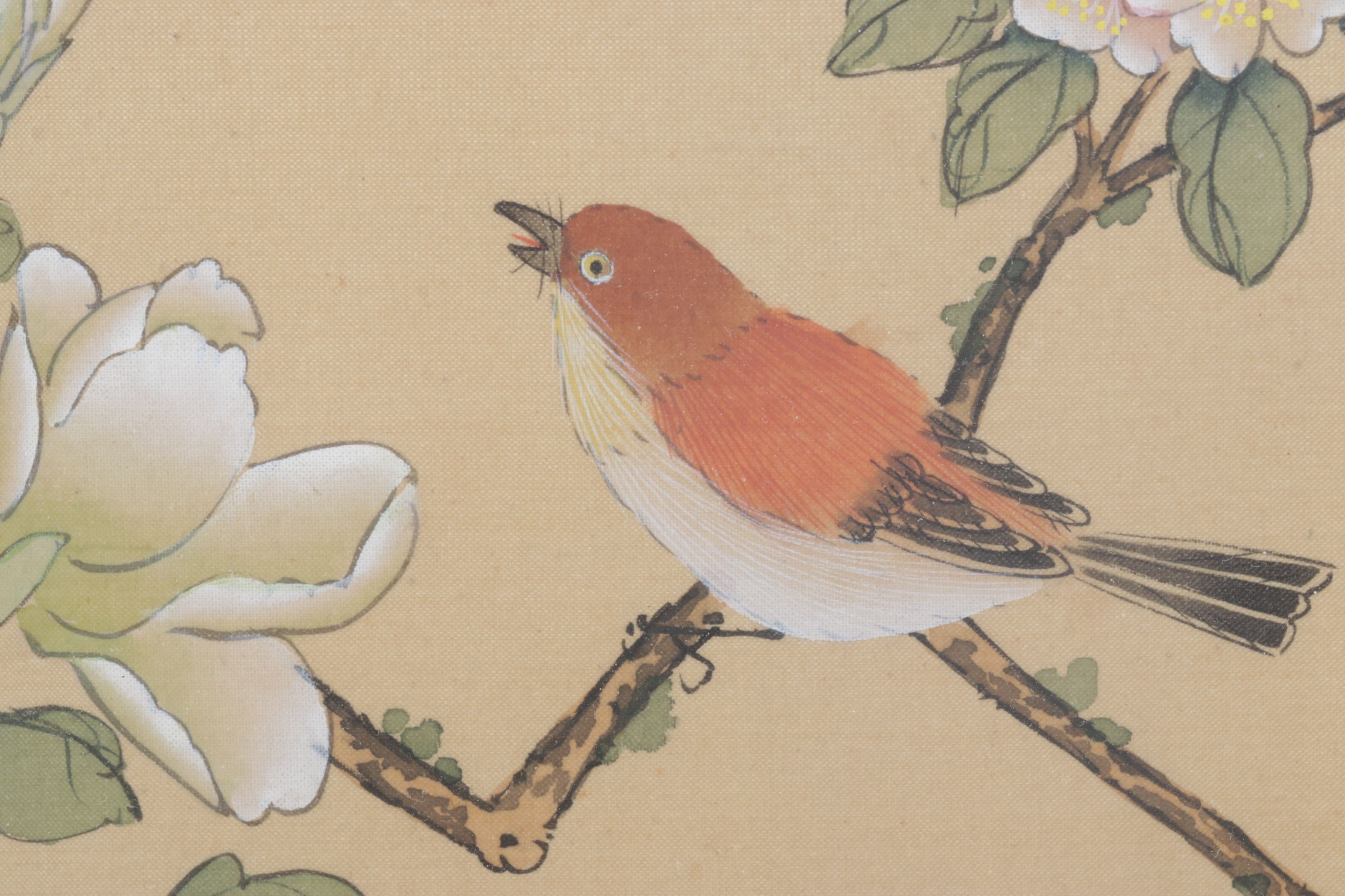 Chinese Gouache Paintings of Birds and Blossoming Peony Branches on Silk