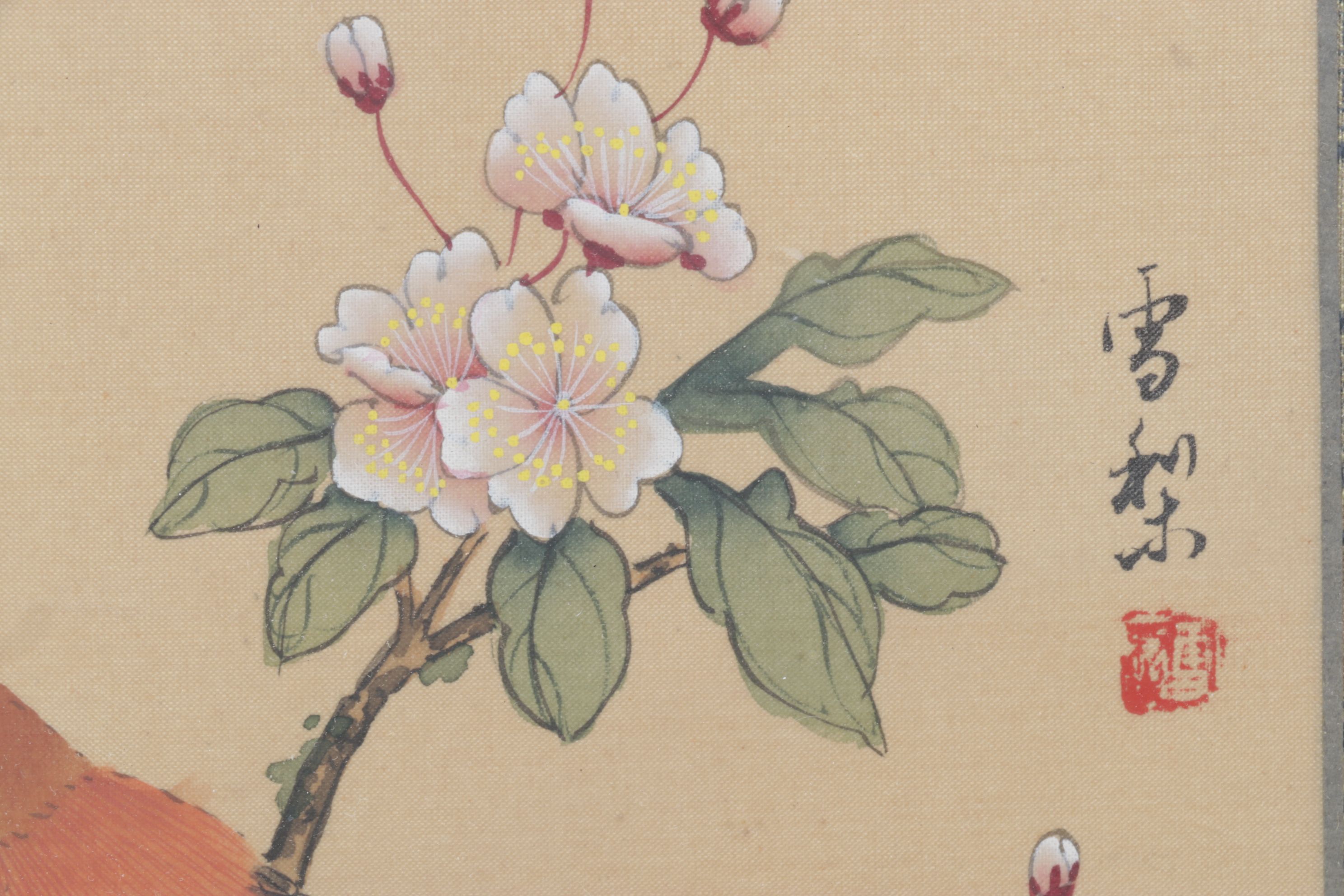 Chinese Gouache Paintings of Birds and Blossoming Peony Branches on Silk