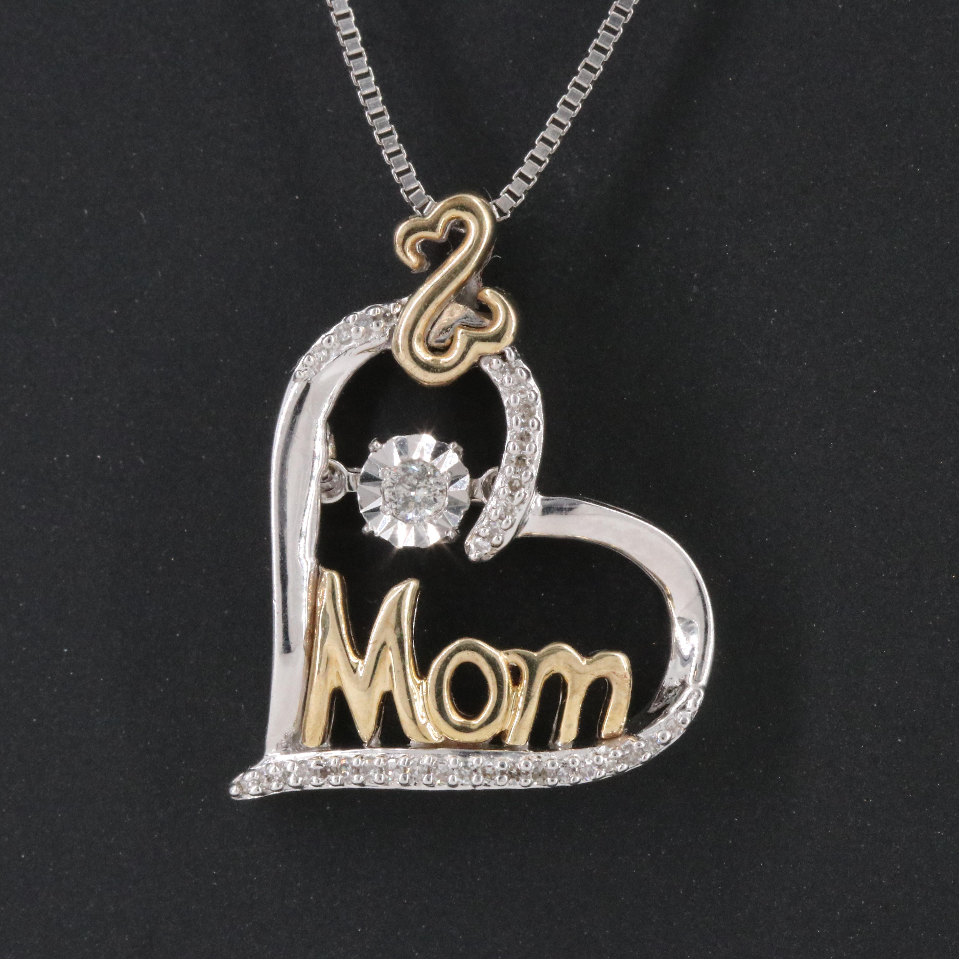 Sterling Diamond "Mom" Heart Pendant Necklace with 10K Accents
