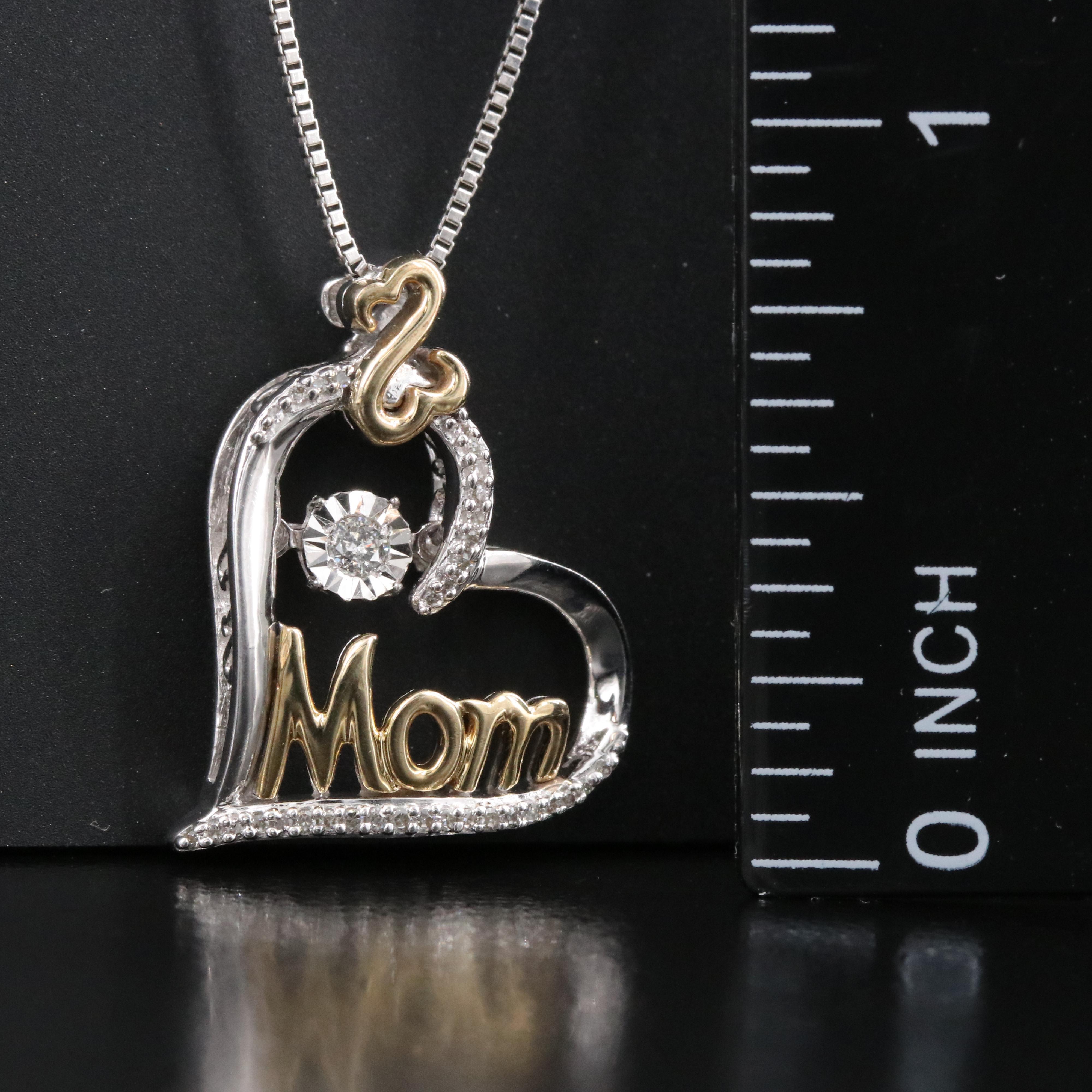 Sterling Diamond "Mom" Heart Pendant Necklace with 10K Accents