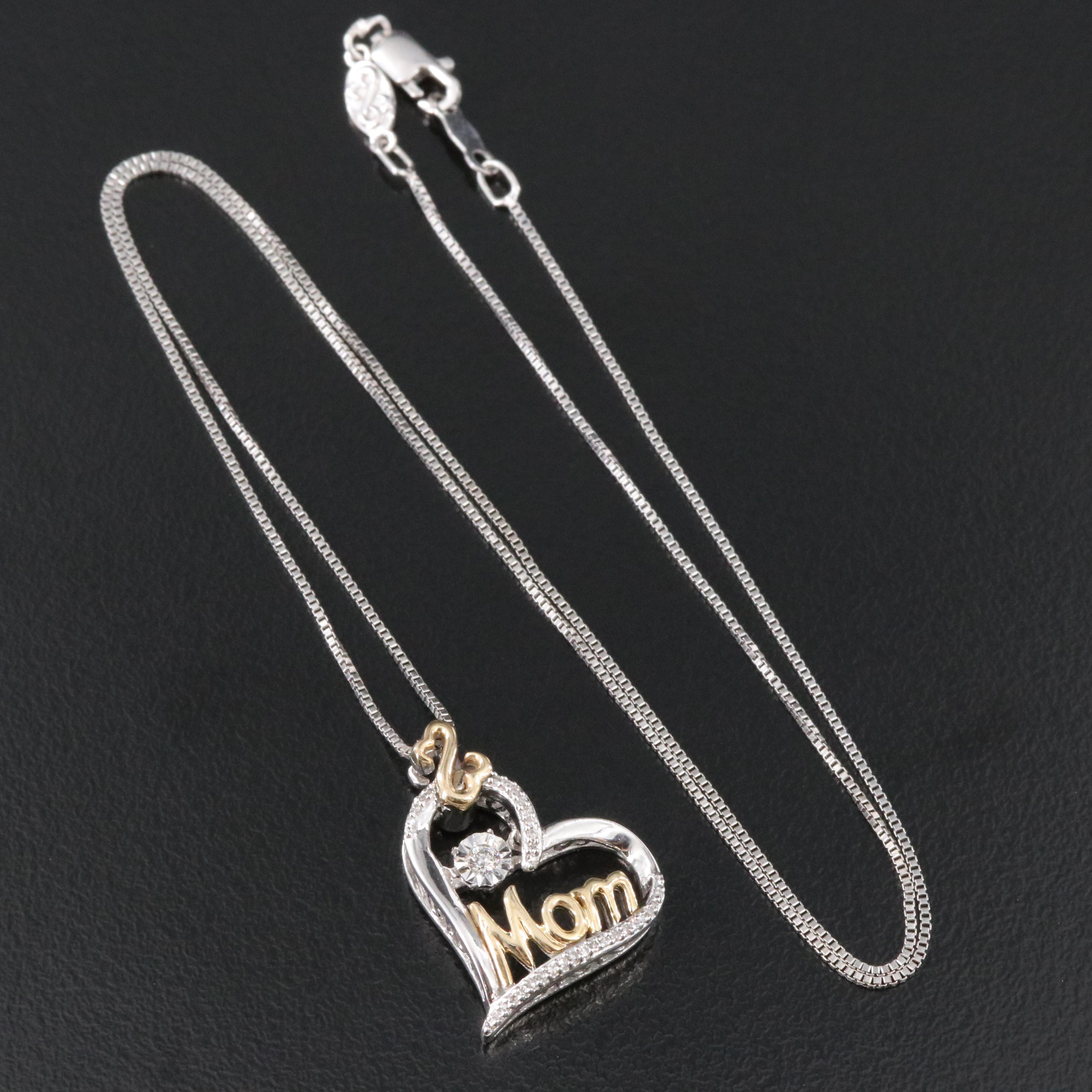 Sterling Diamond "Mom" Heart Pendant Necklace with 10K Accents