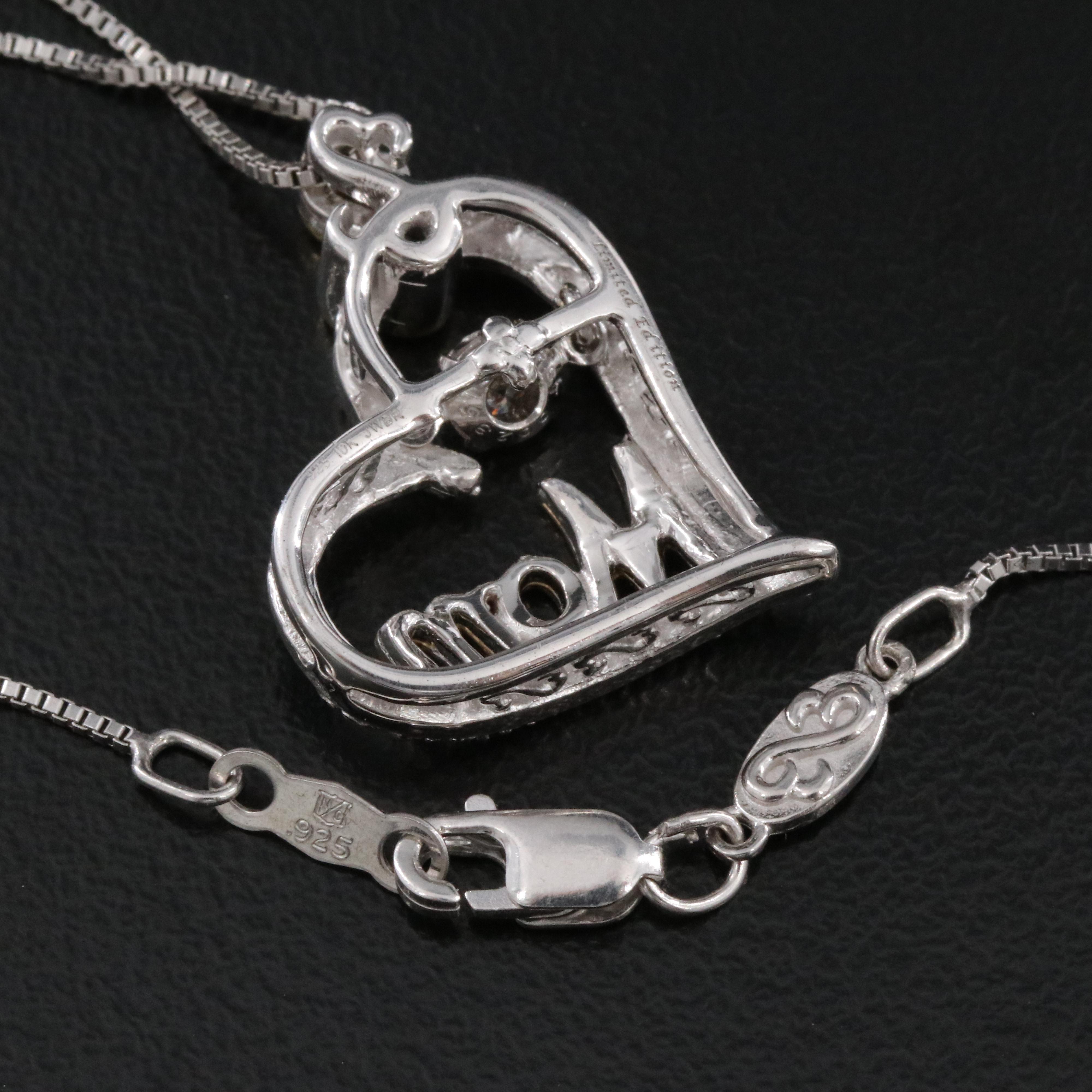 Sterling Diamond "Mom" Heart Pendant Necklace with 10K Accents
