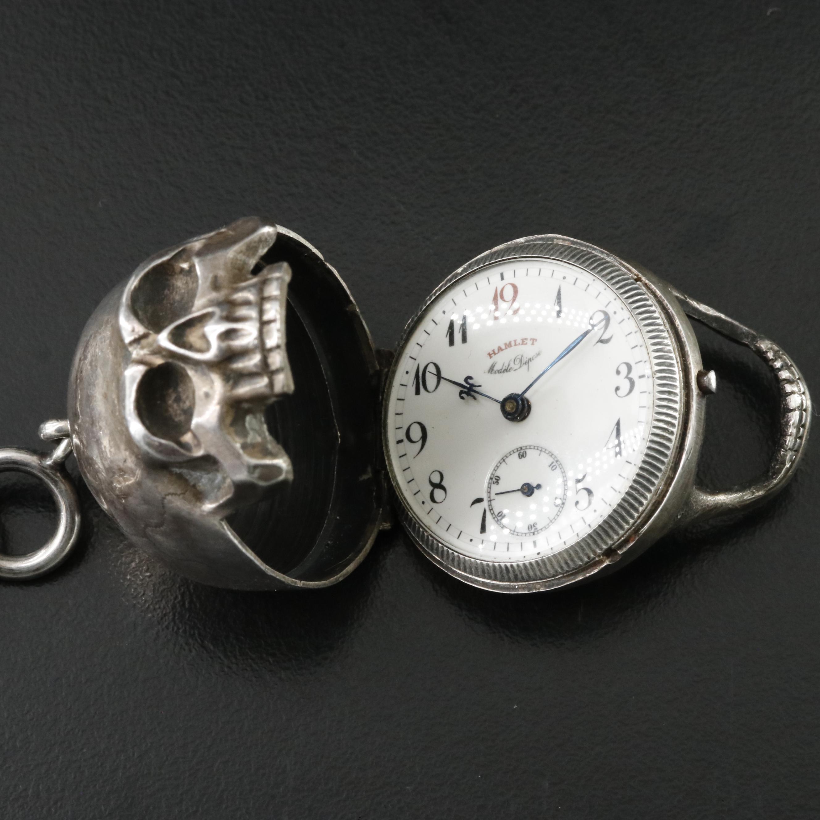 Hamlet "Modèle Déposé" Memento Mori Silver Skull Antique Pocket Watch