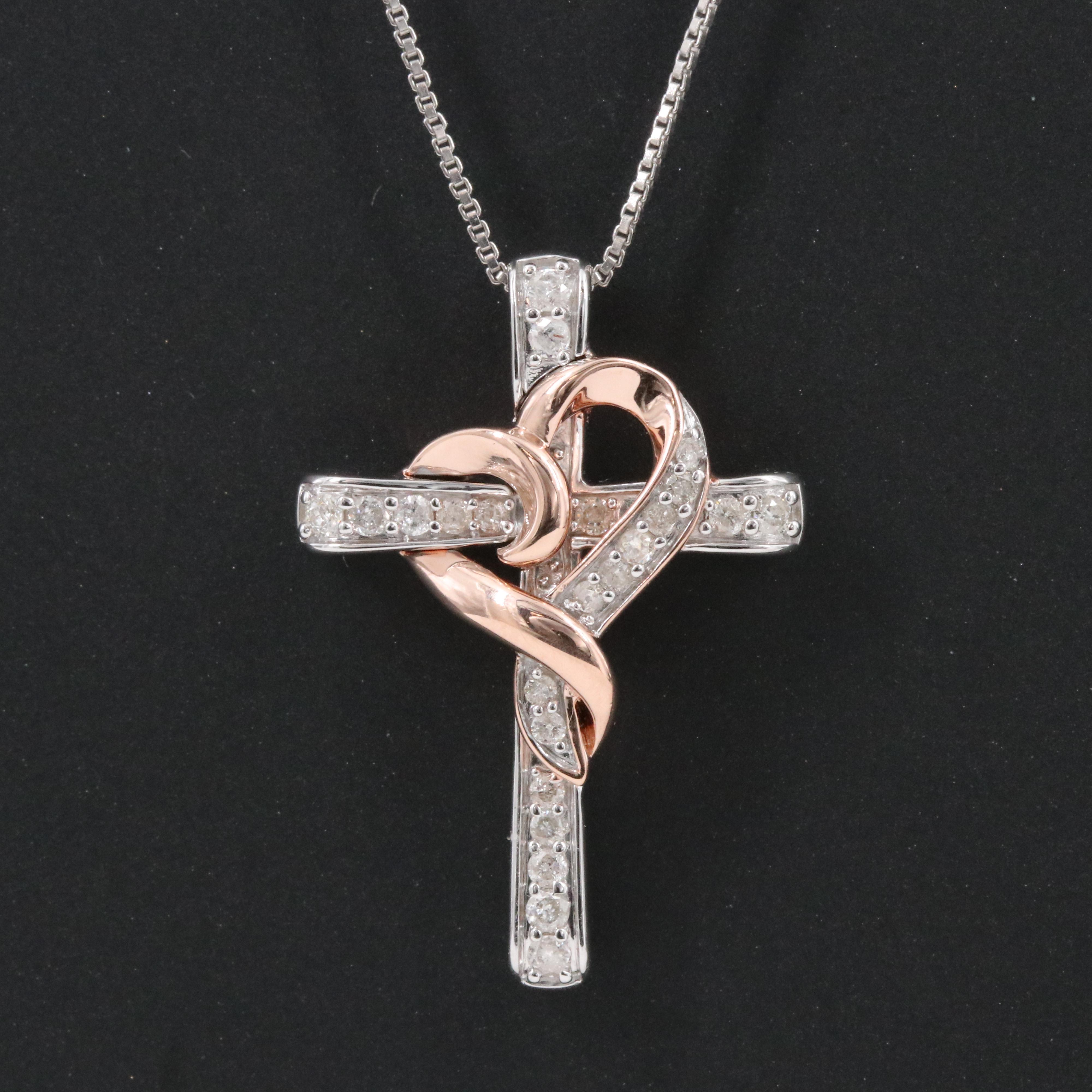 Hallmark Sterling Diamond Cross Necklace with Rose Tone Heart
