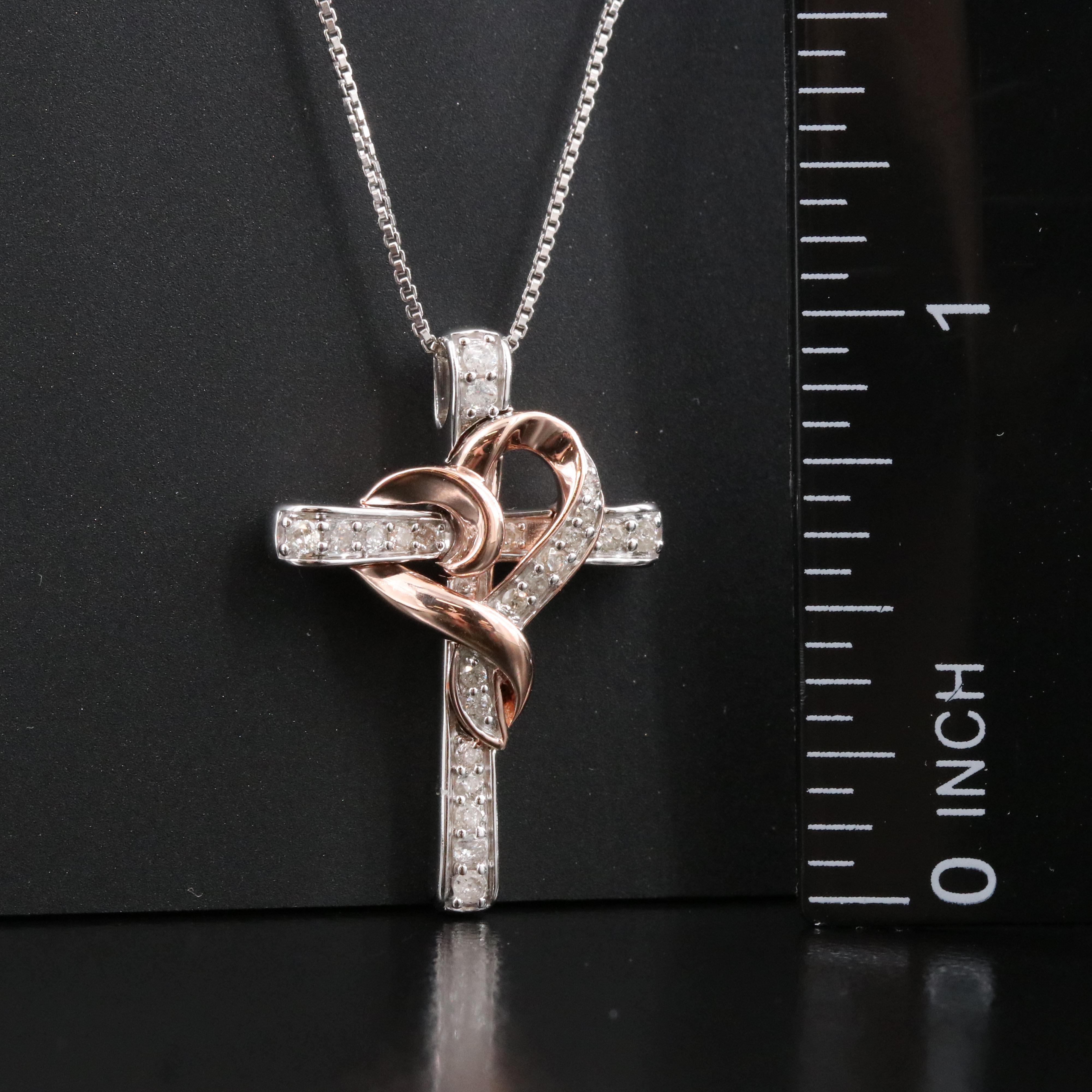 Hallmark Sterling Diamond Cross Necklace with Rose Tone Heart
