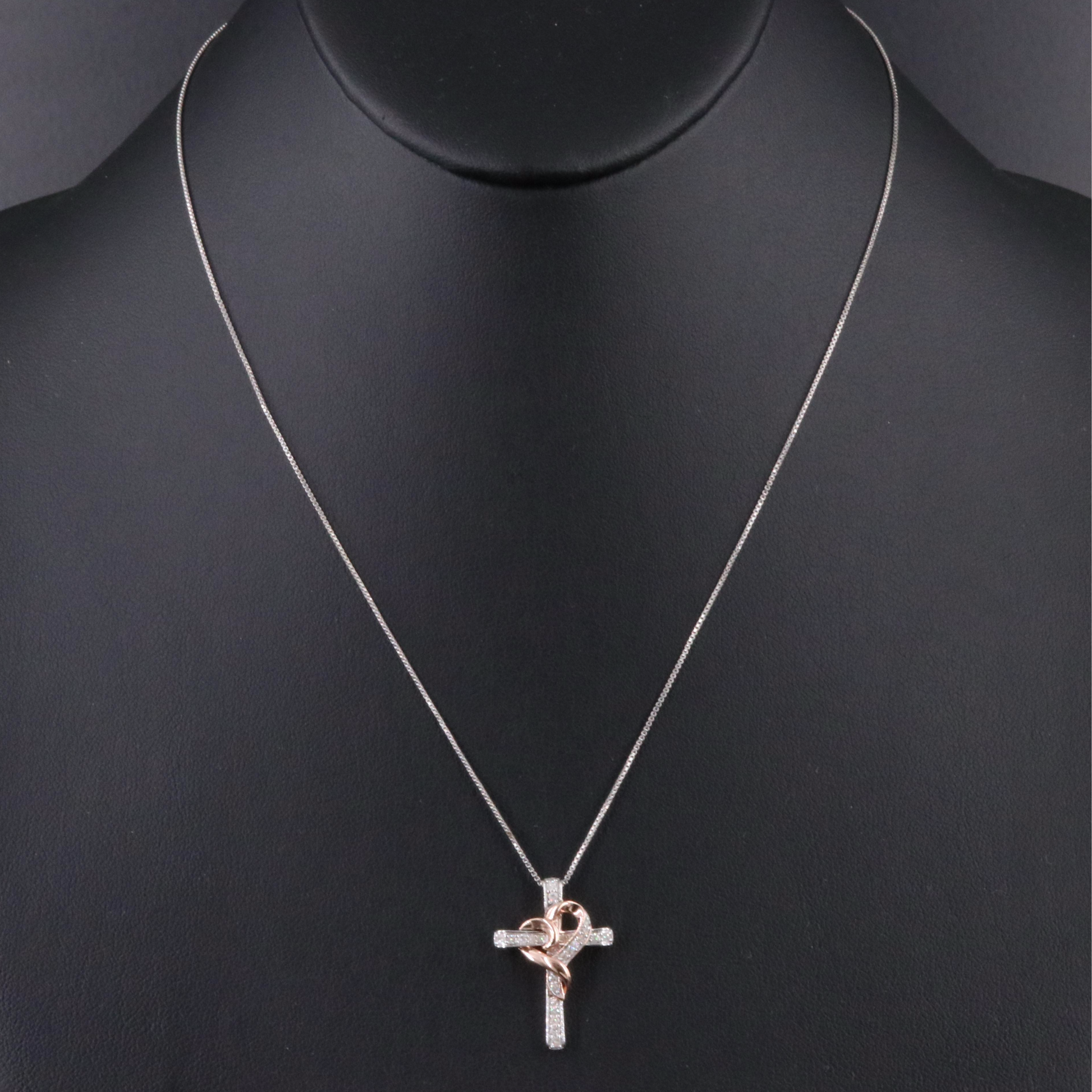 Hallmark Sterling Diamond Cross Necklace with Rose Tone Heart