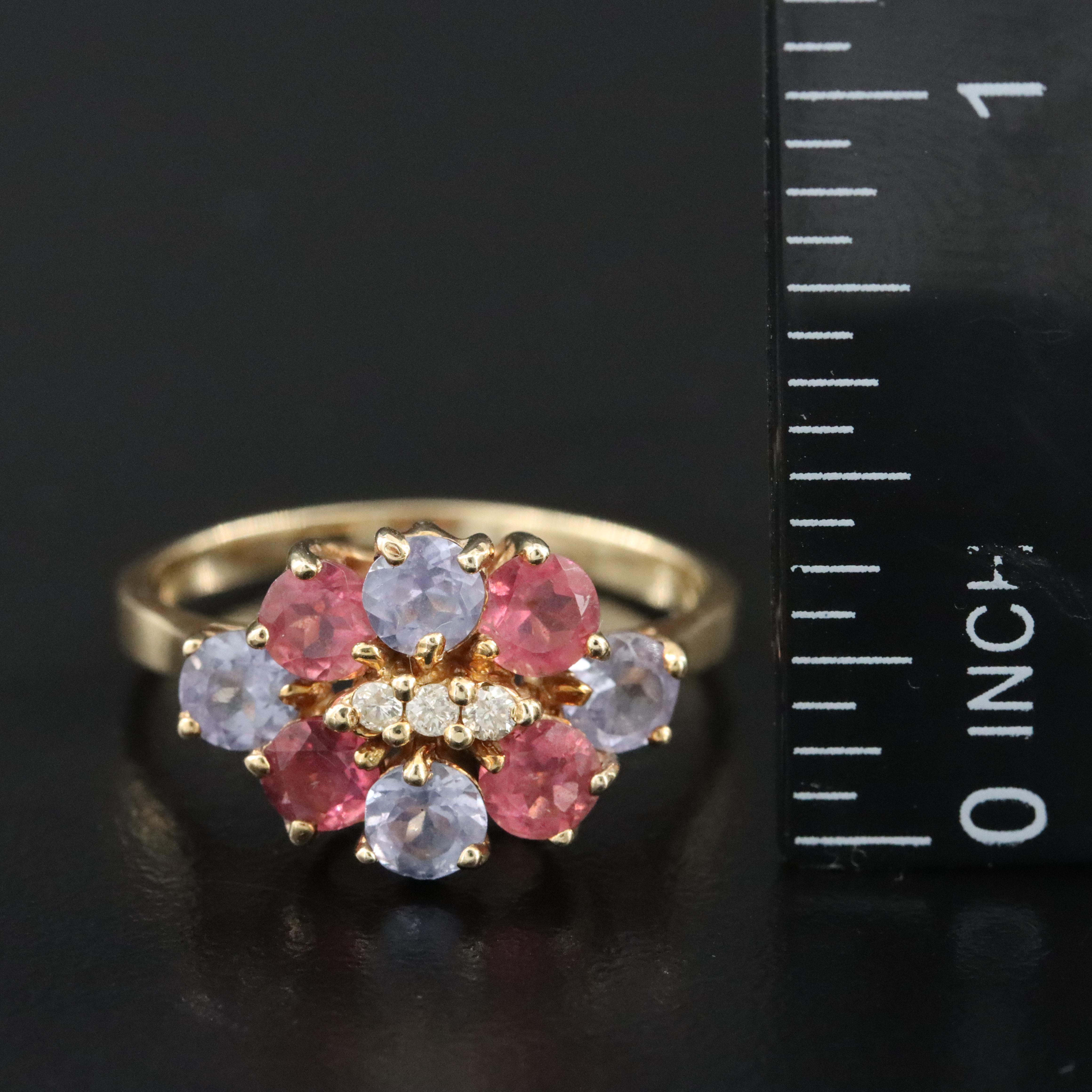 10K Pink Tourmaline, Tanzanite and Diamond Ring