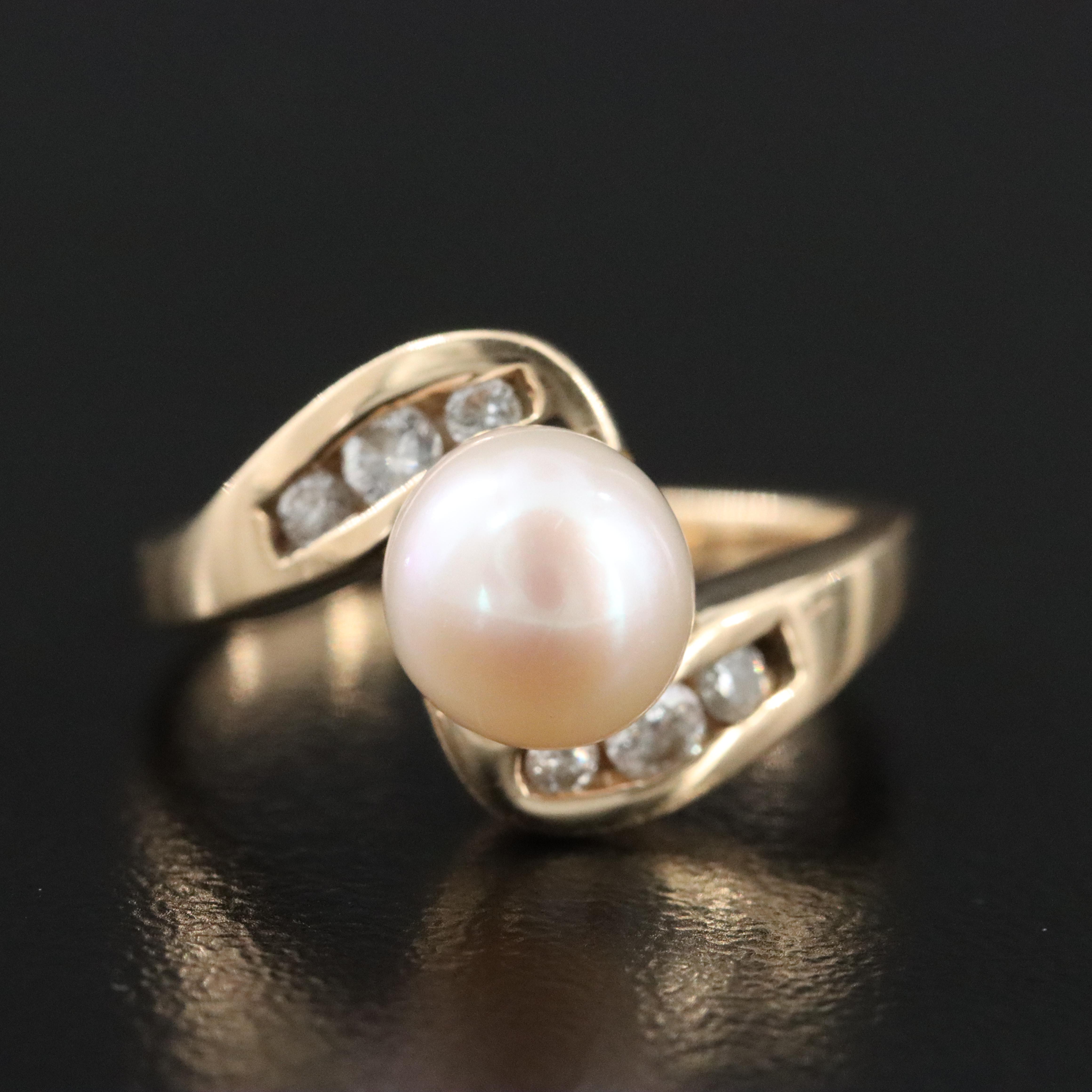 14K Pearl and Diamond Swirl Ring
