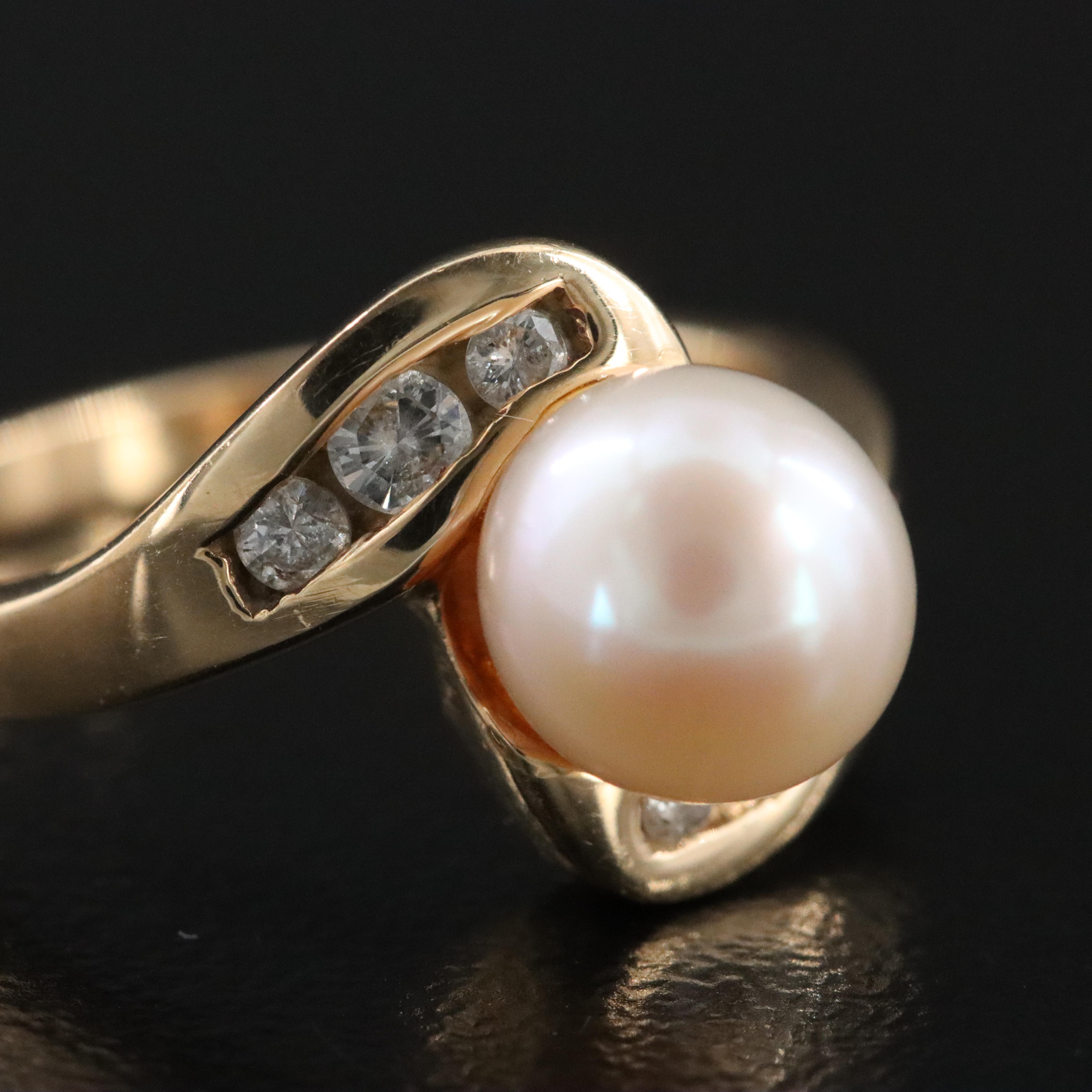14K Pearl and Diamond Swirl Ring