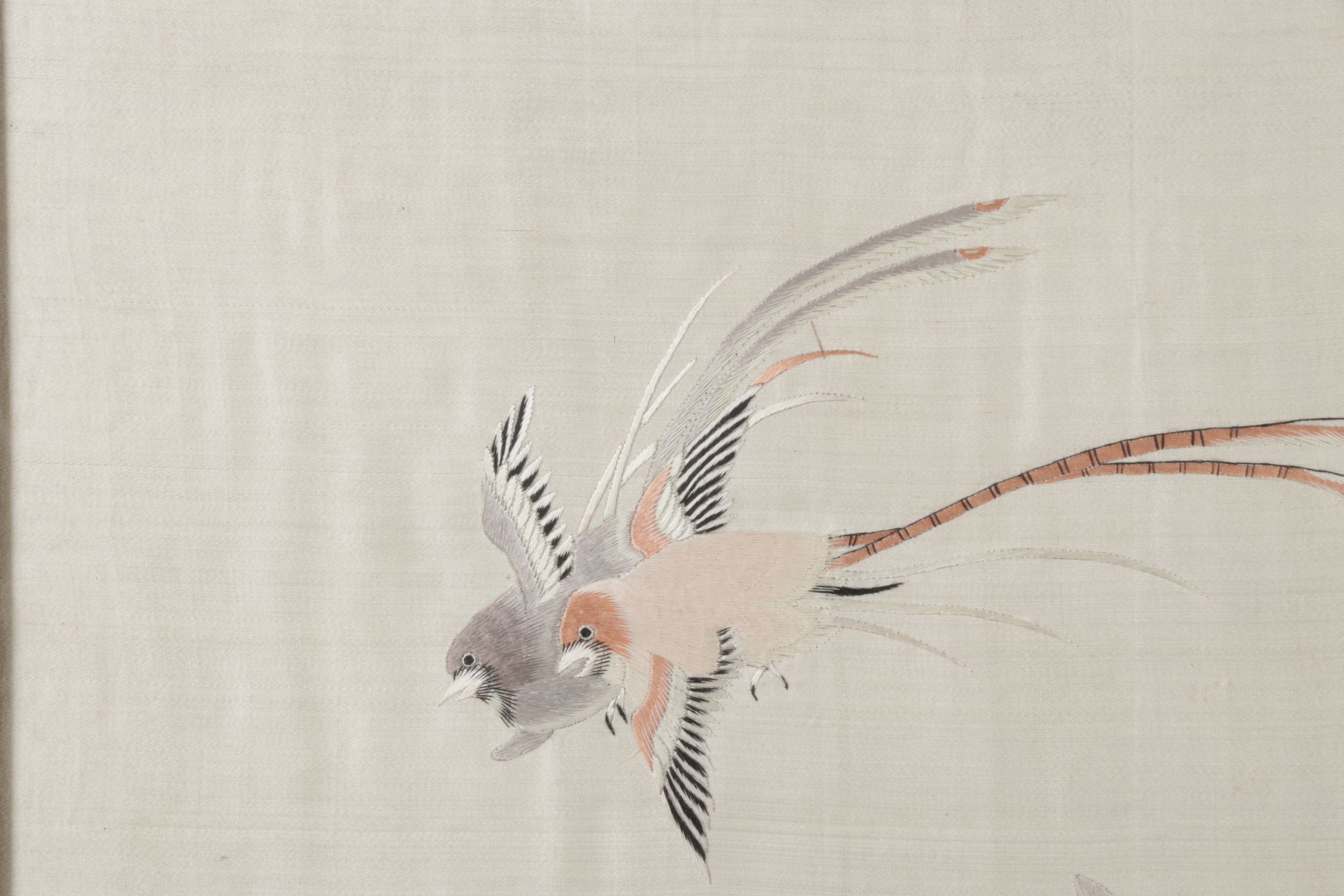 Chinese Embroidered Silk Panel of Quince Branch & Pair of Scissortail Birds