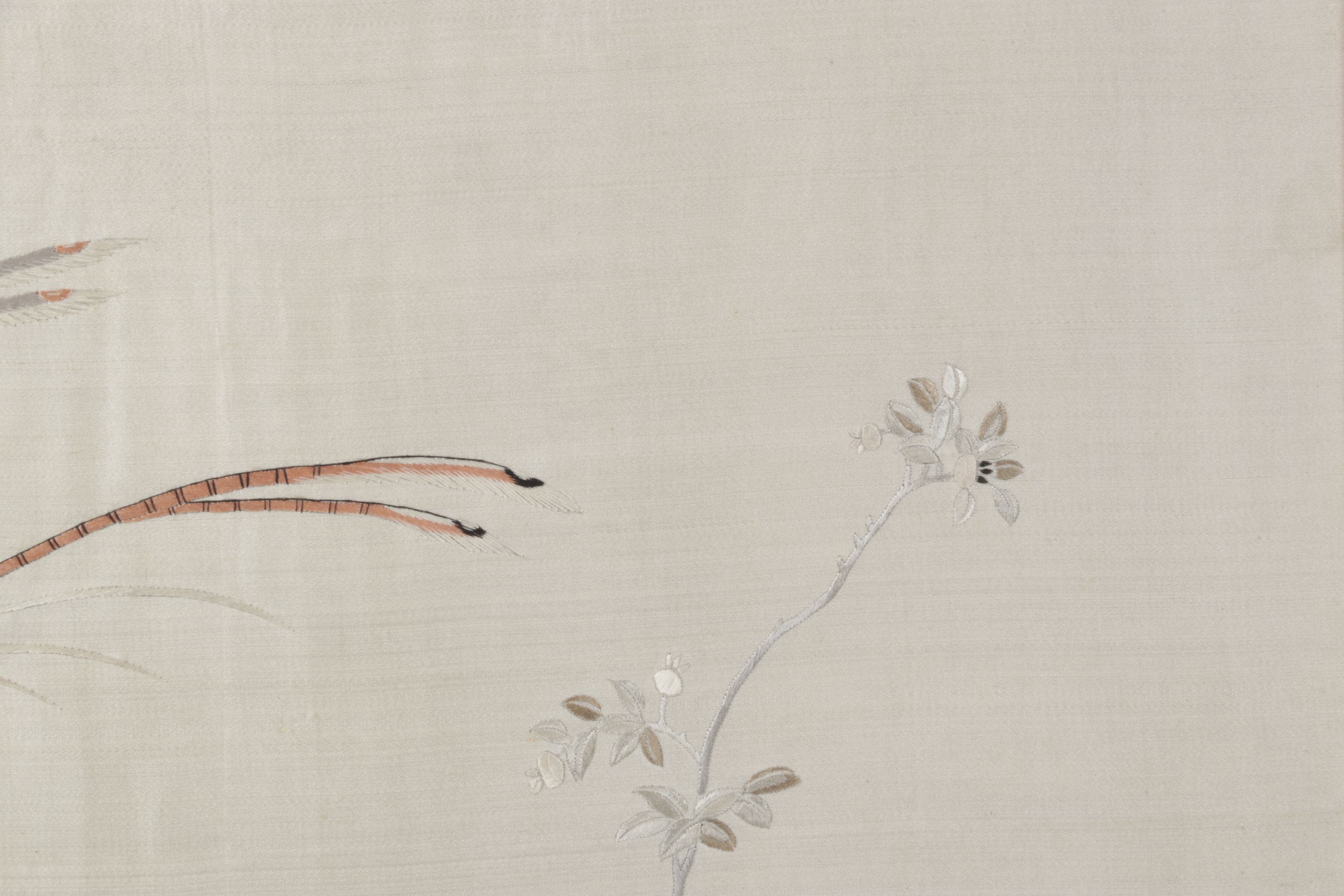 Chinese Embroidered Silk Panel of Quince Branch & Pair of Scissortail Birds