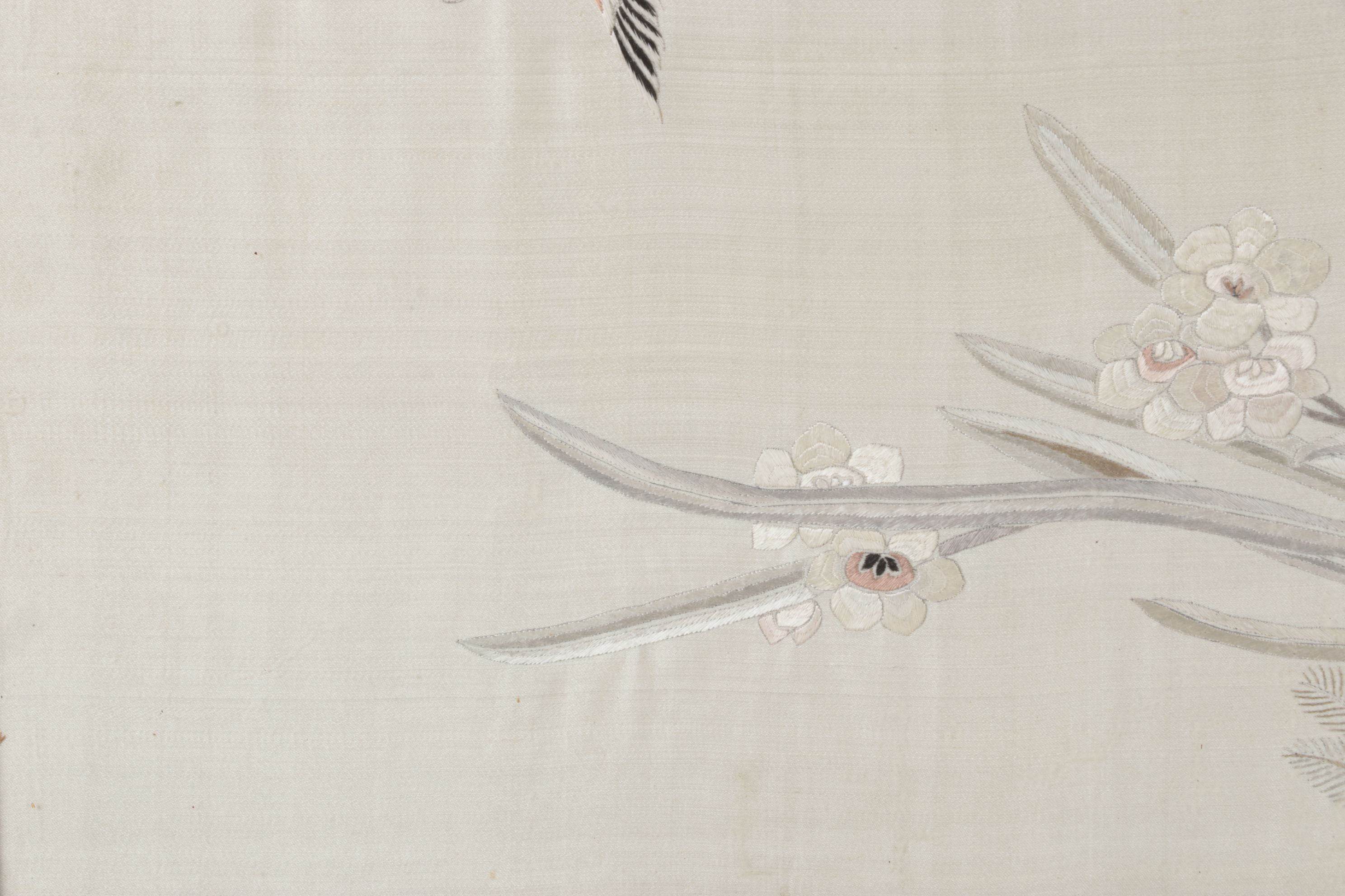 Chinese Embroidered Silk Panel of Quince Branch & Pair of Scissortail Birds