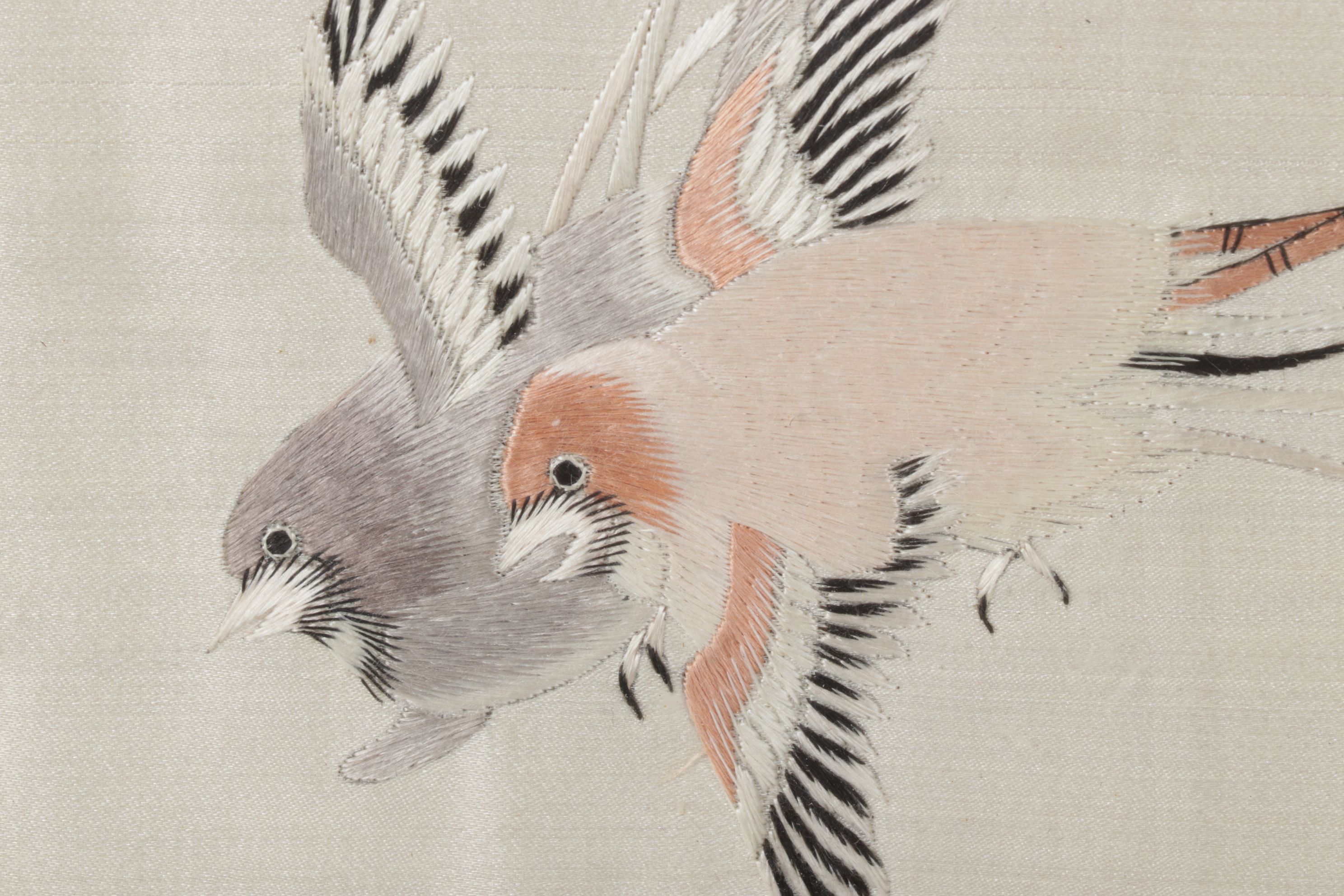 Chinese Embroidered Silk Panel of Quince Branch & Pair of Scissortail Birds