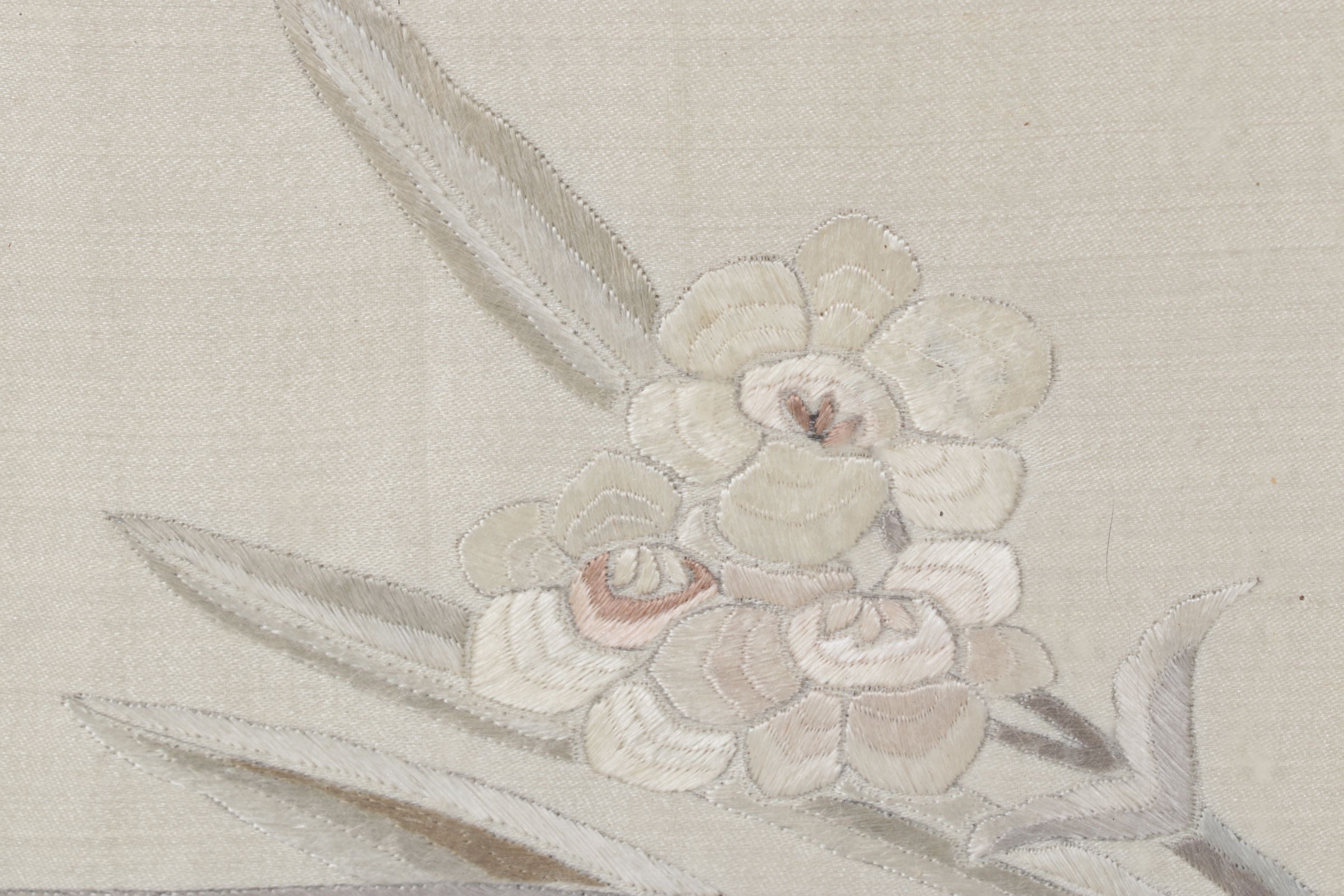 Chinese Embroidered Silk Panel of Quince Branch & Pair of Scissortail Birds