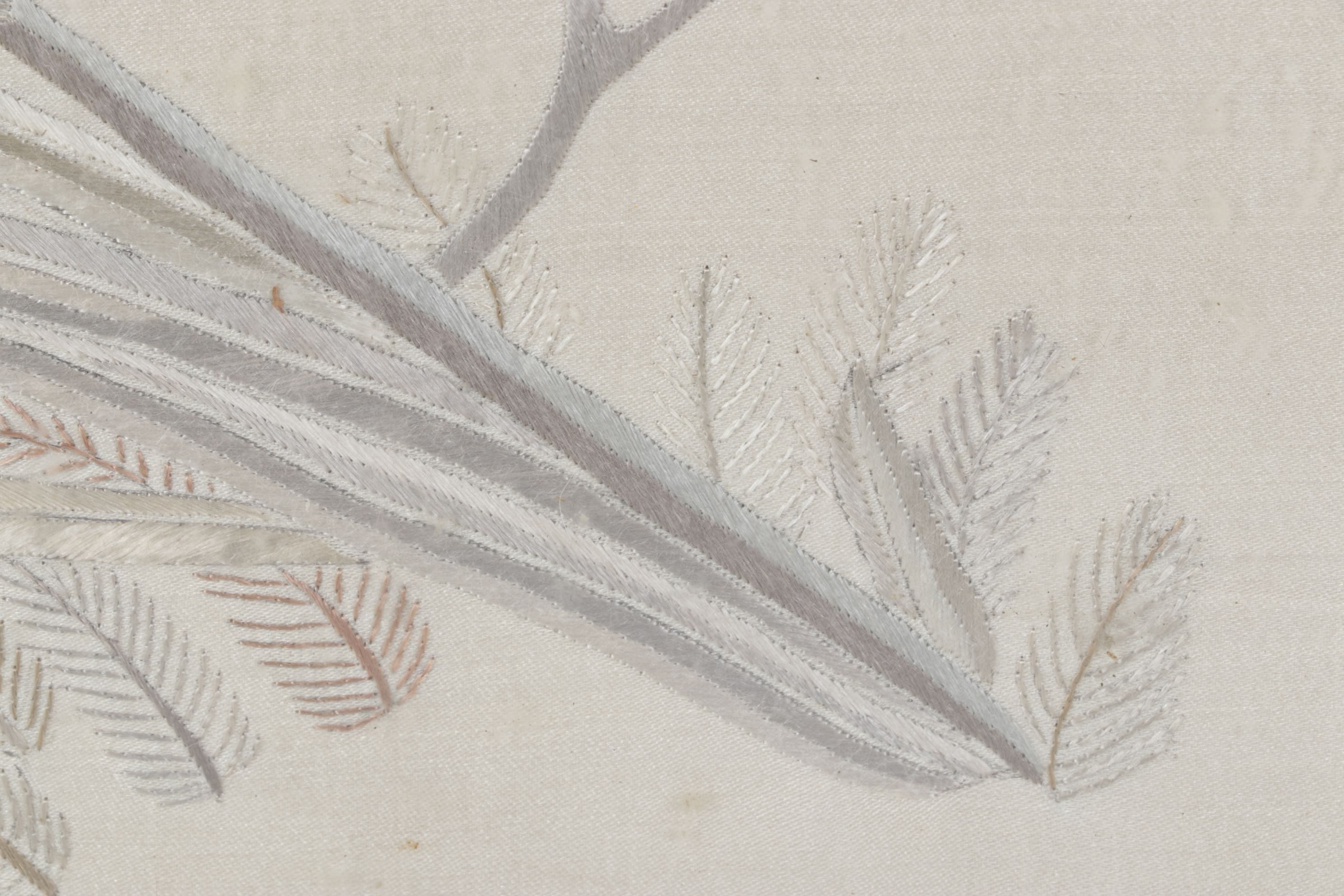 Chinese Embroidered Silk Panel of Quince Branch & Pair of Scissortail Birds