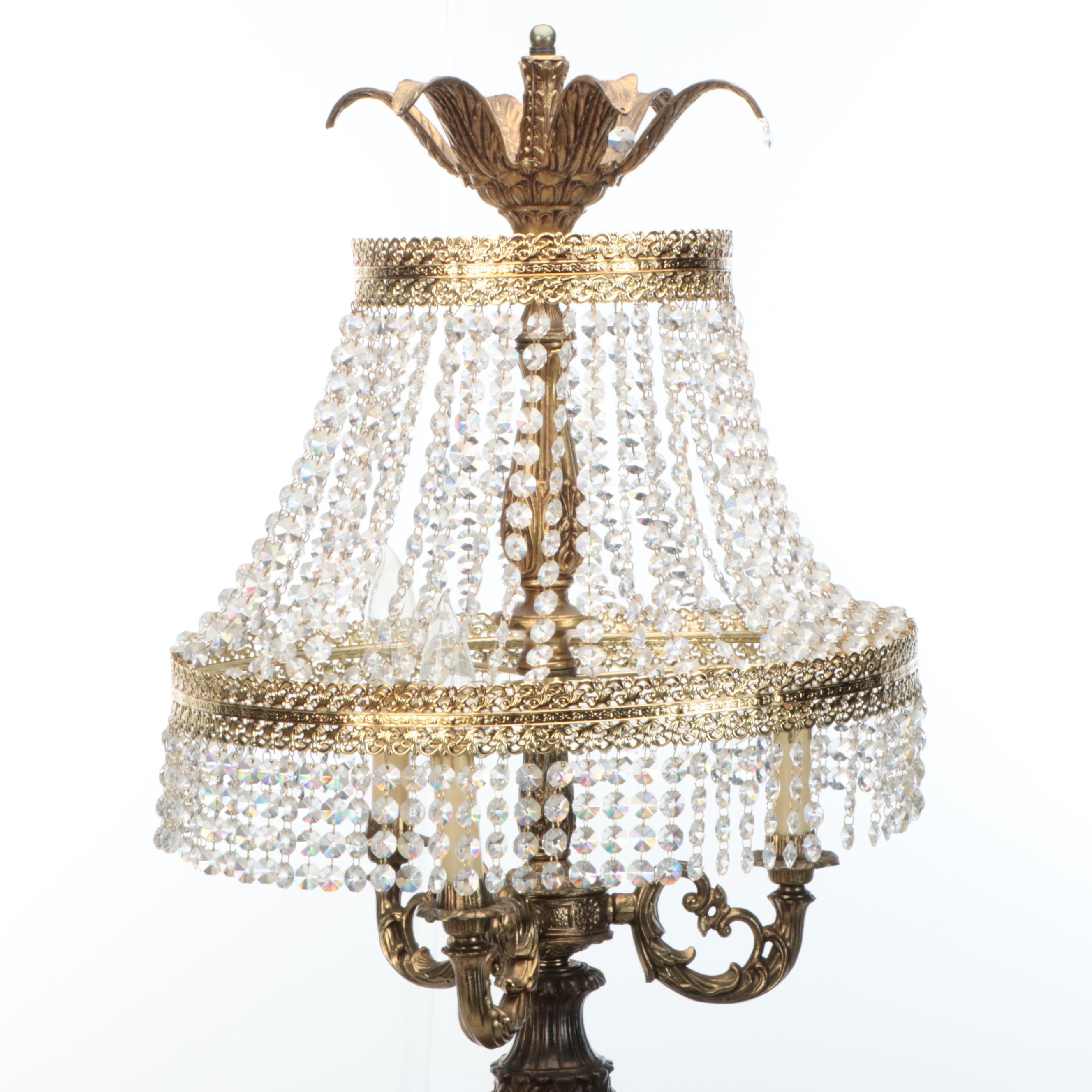 Hollywood Regency Brass and Waterfall Crystal Table Lamp