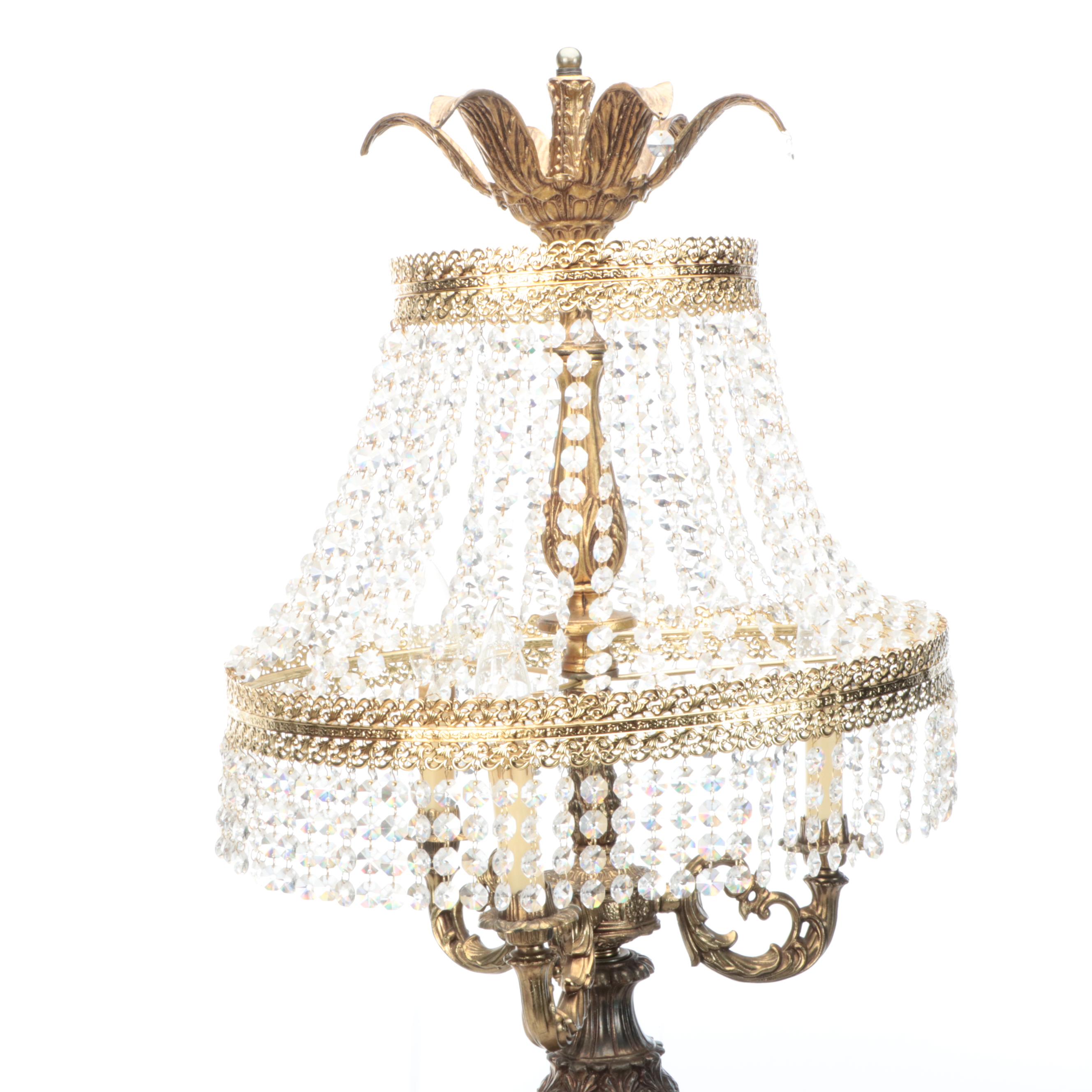 Hollywood Regency Brass and Waterfall Crystal Table Lamp