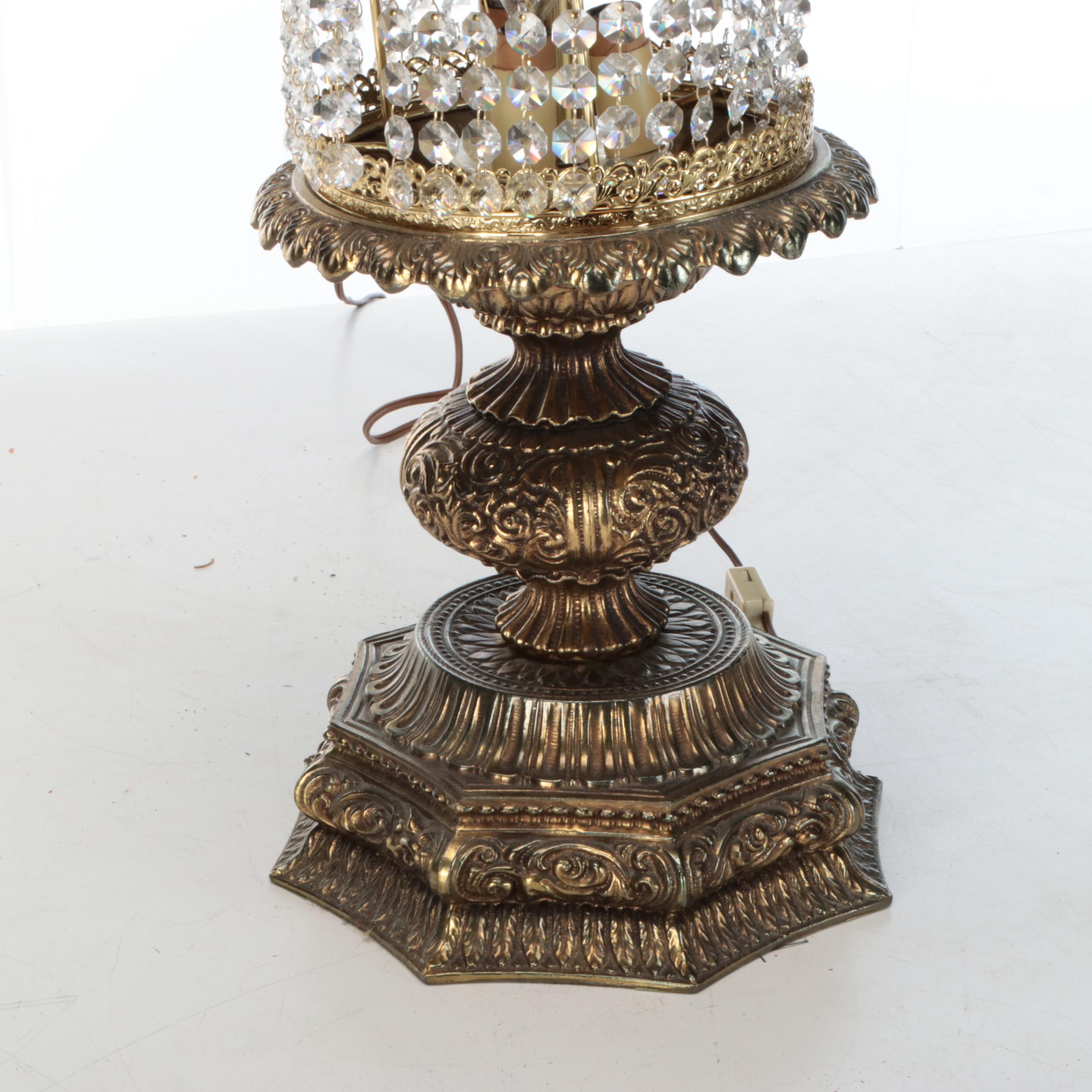 Hollywood Regency Brass and Waterfall Crystal Table Lamp
