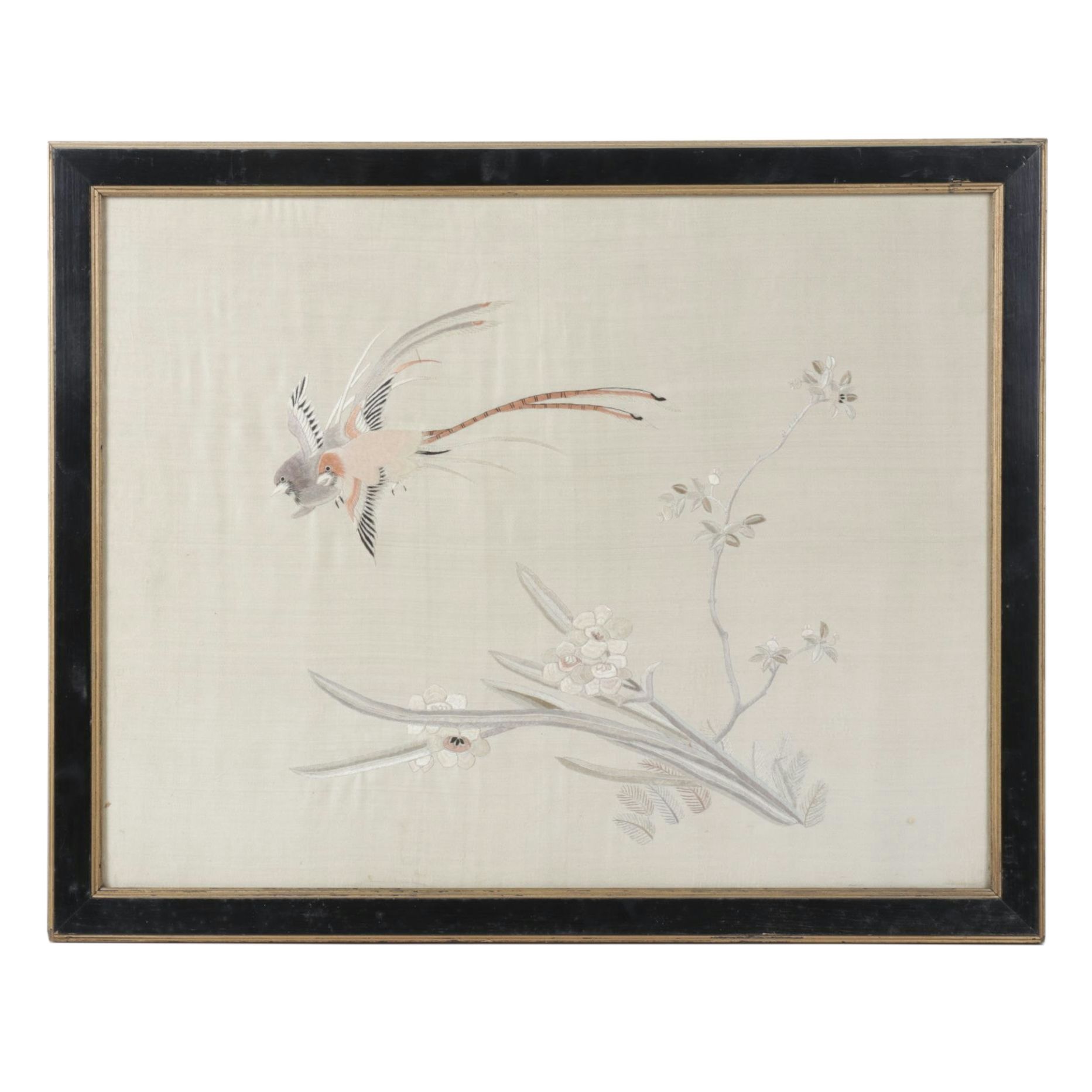 Chinese Embroidered Silk Panel of Quince Branch & Pair of Scissortail Birds