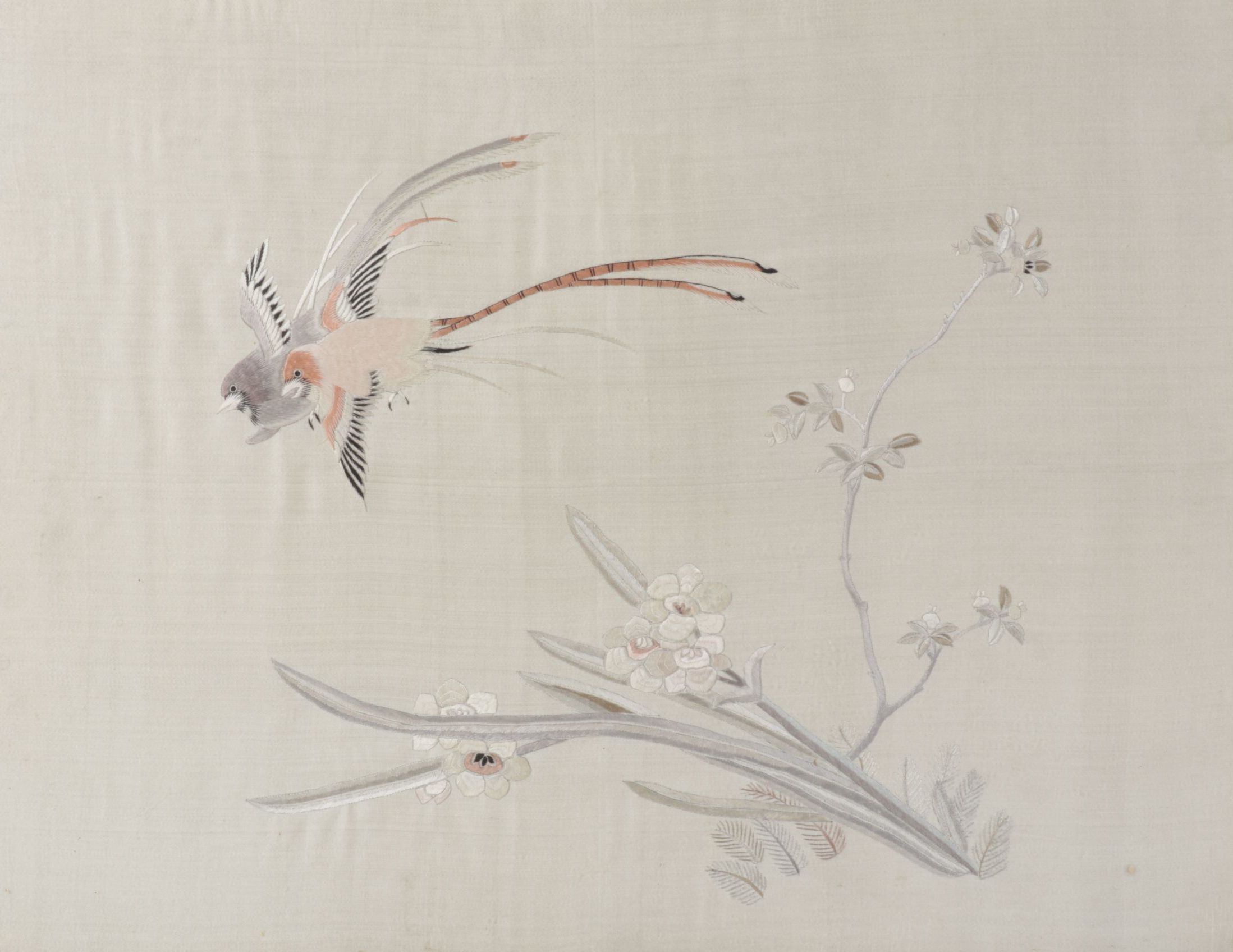 Chinese Embroidered Silk Panel of Quince Branch & Pair of Scissortail Birds