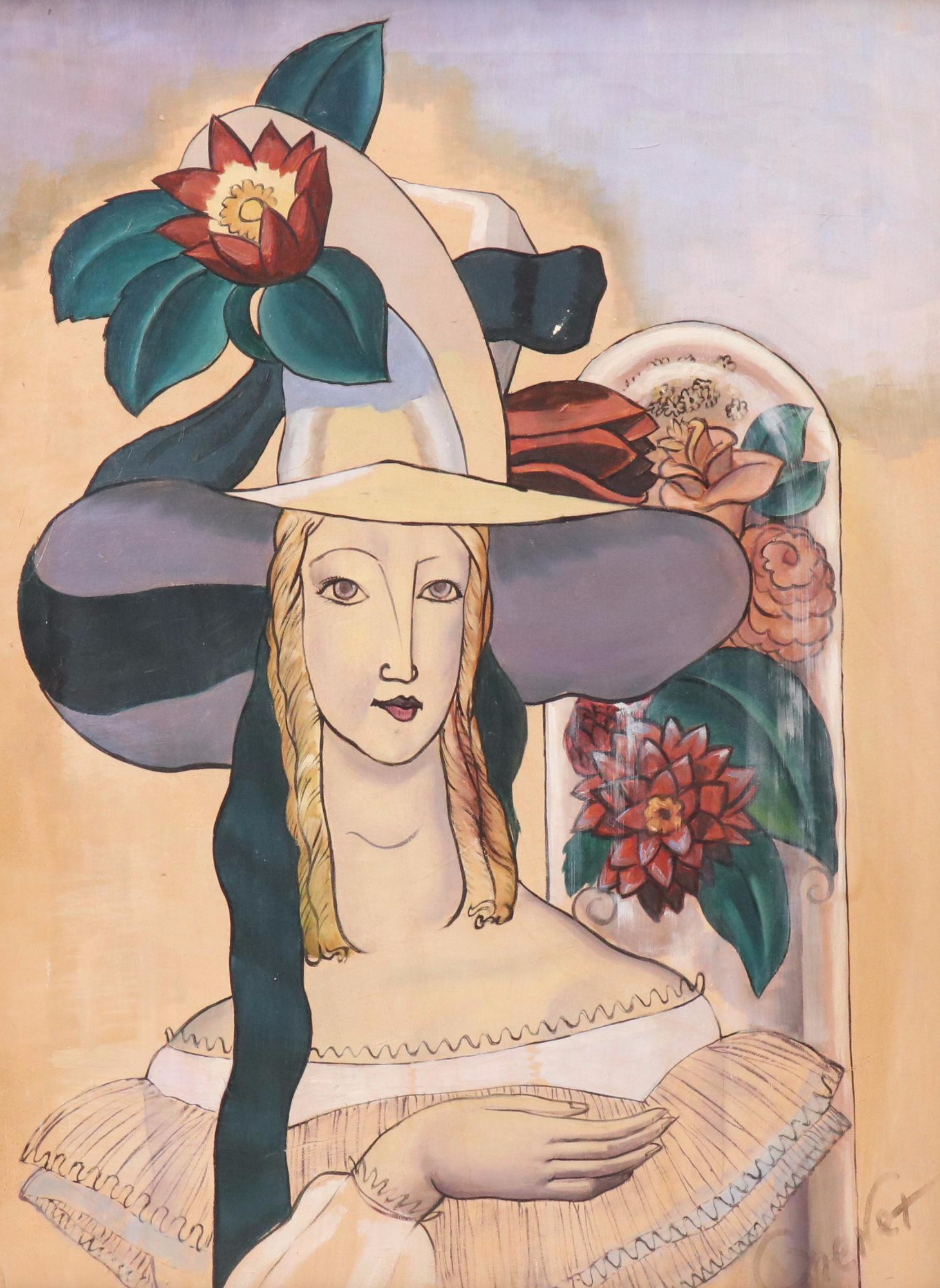 Modernist Portrait Oil Painting of Woman with Flower Hat
