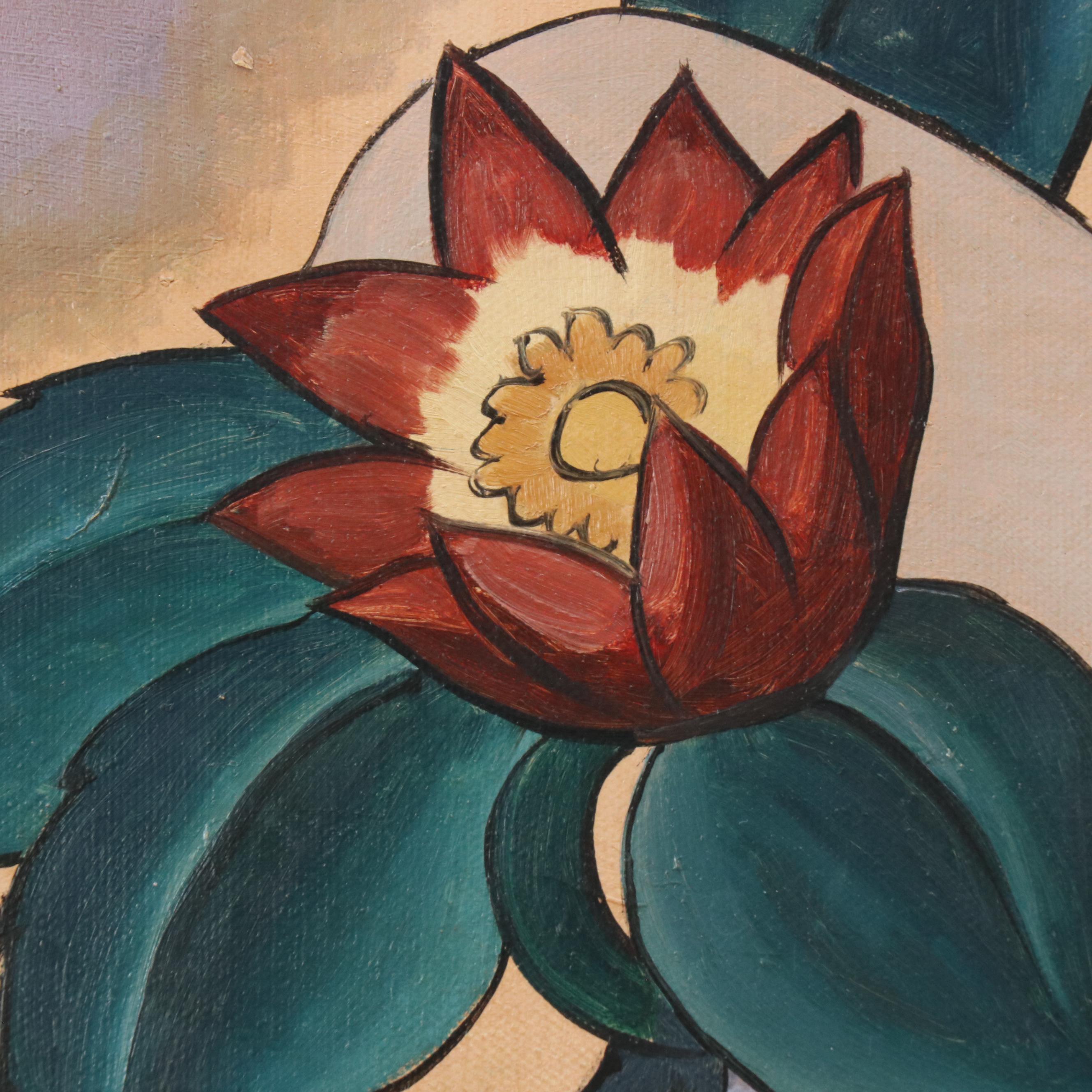 Modernist Portrait Oil Painting of Woman with Flower Hat