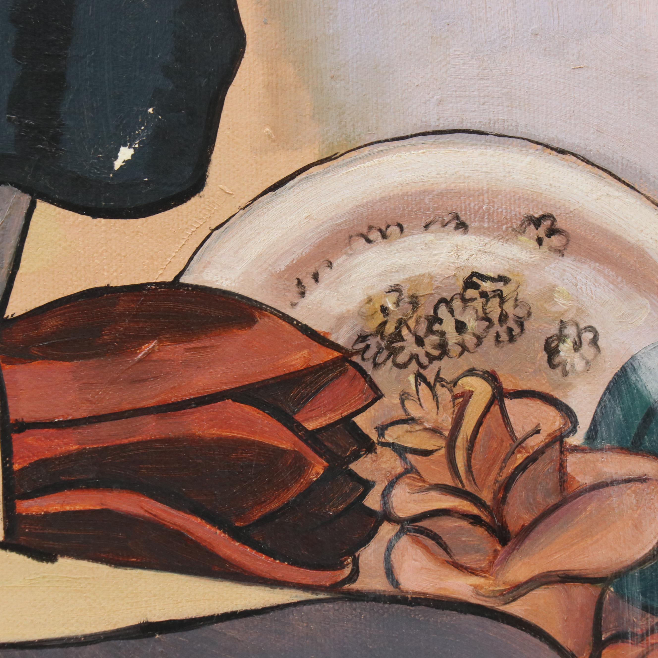 Modernist Portrait Oil Painting of Woman with Flower Hat