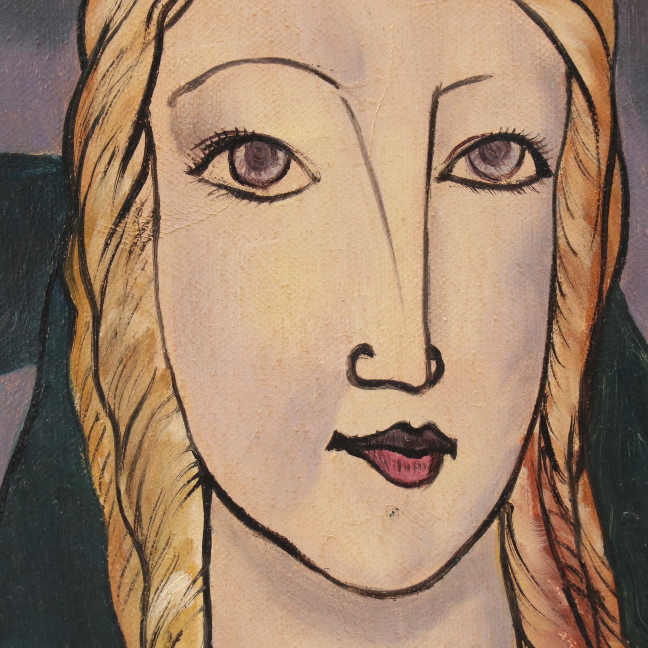 Modernist Portrait Oil Painting of Woman with Flower Hat