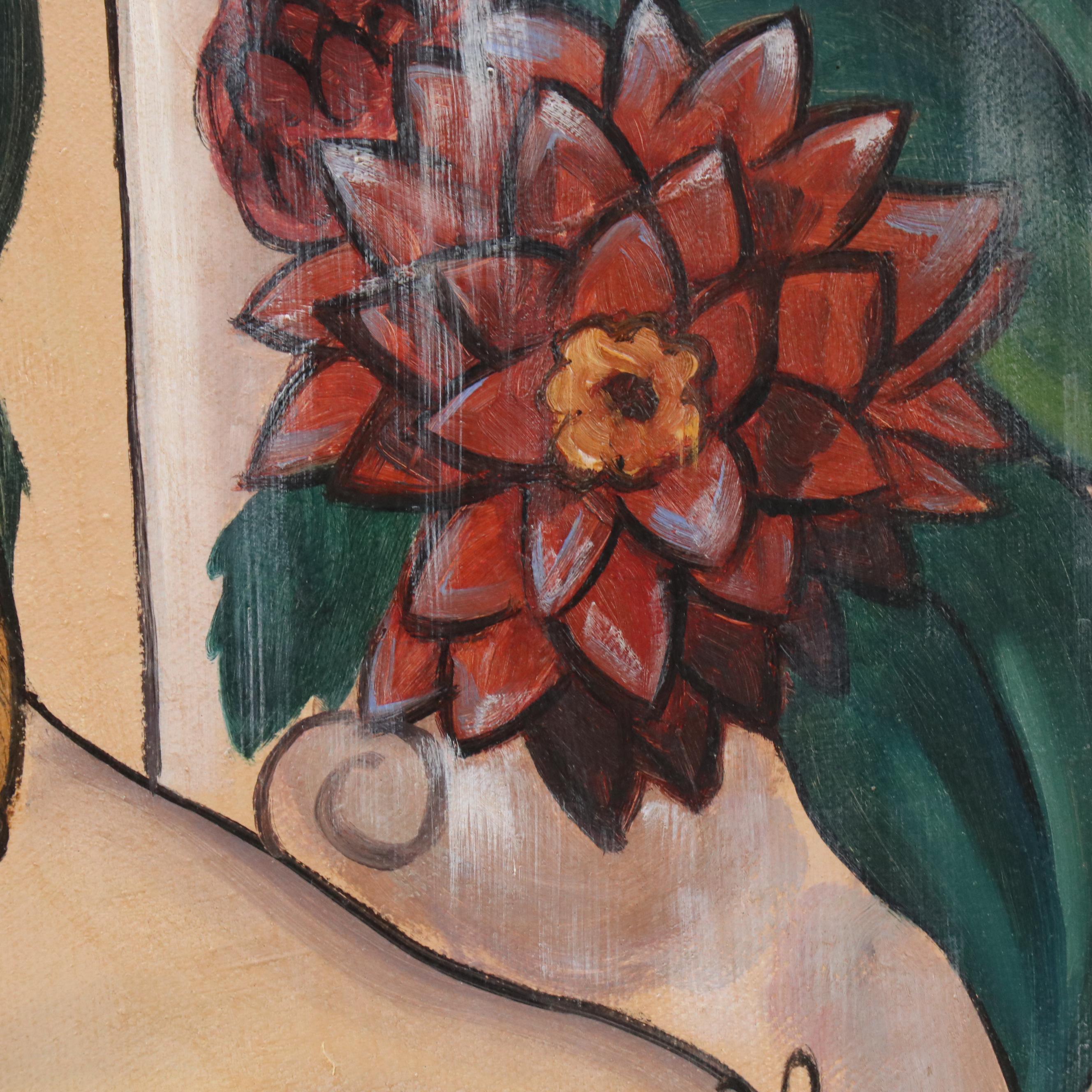 Modernist Portrait Oil Painting of Woman with Flower Hat