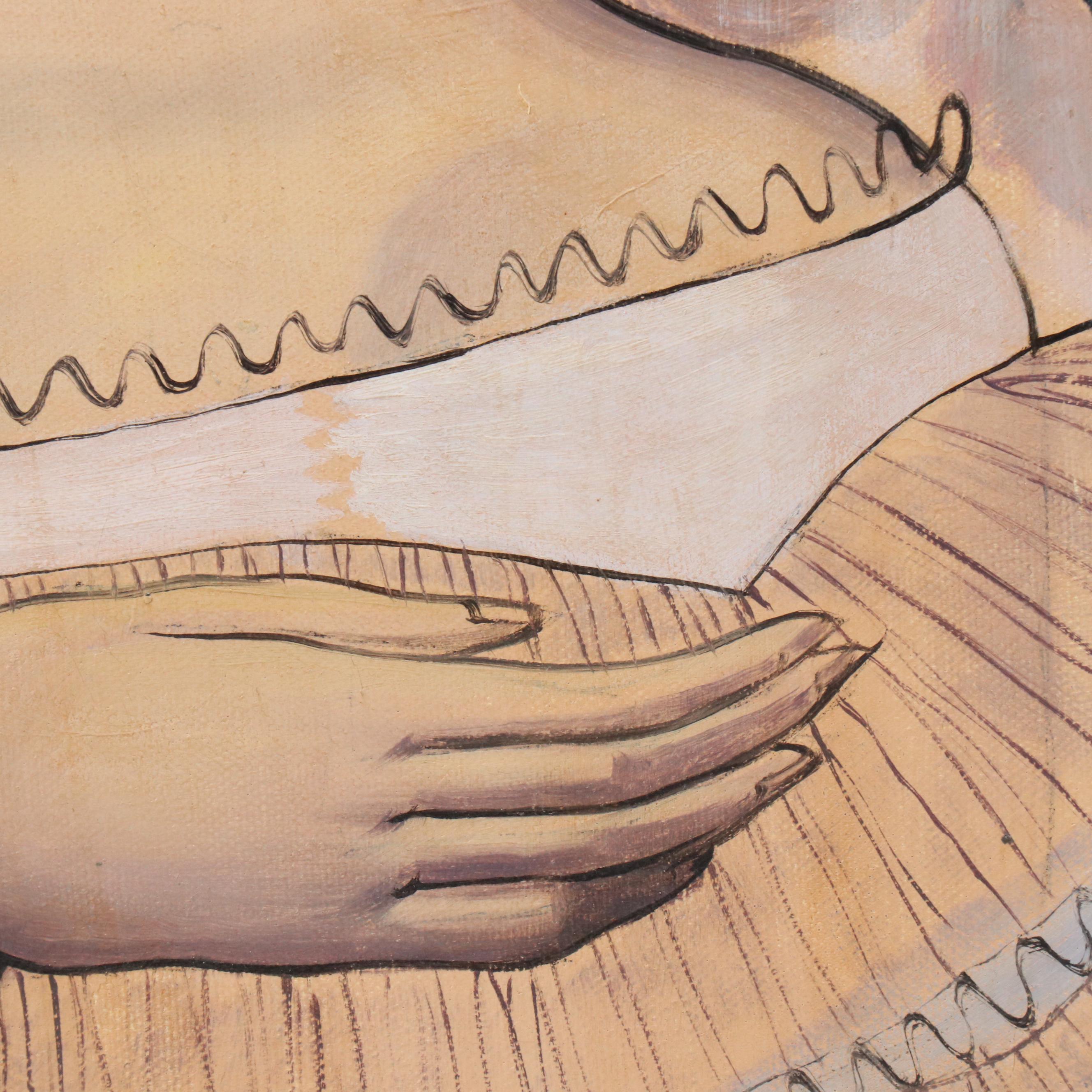 Modernist Portrait Oil Painting of Woman with Flower Hat