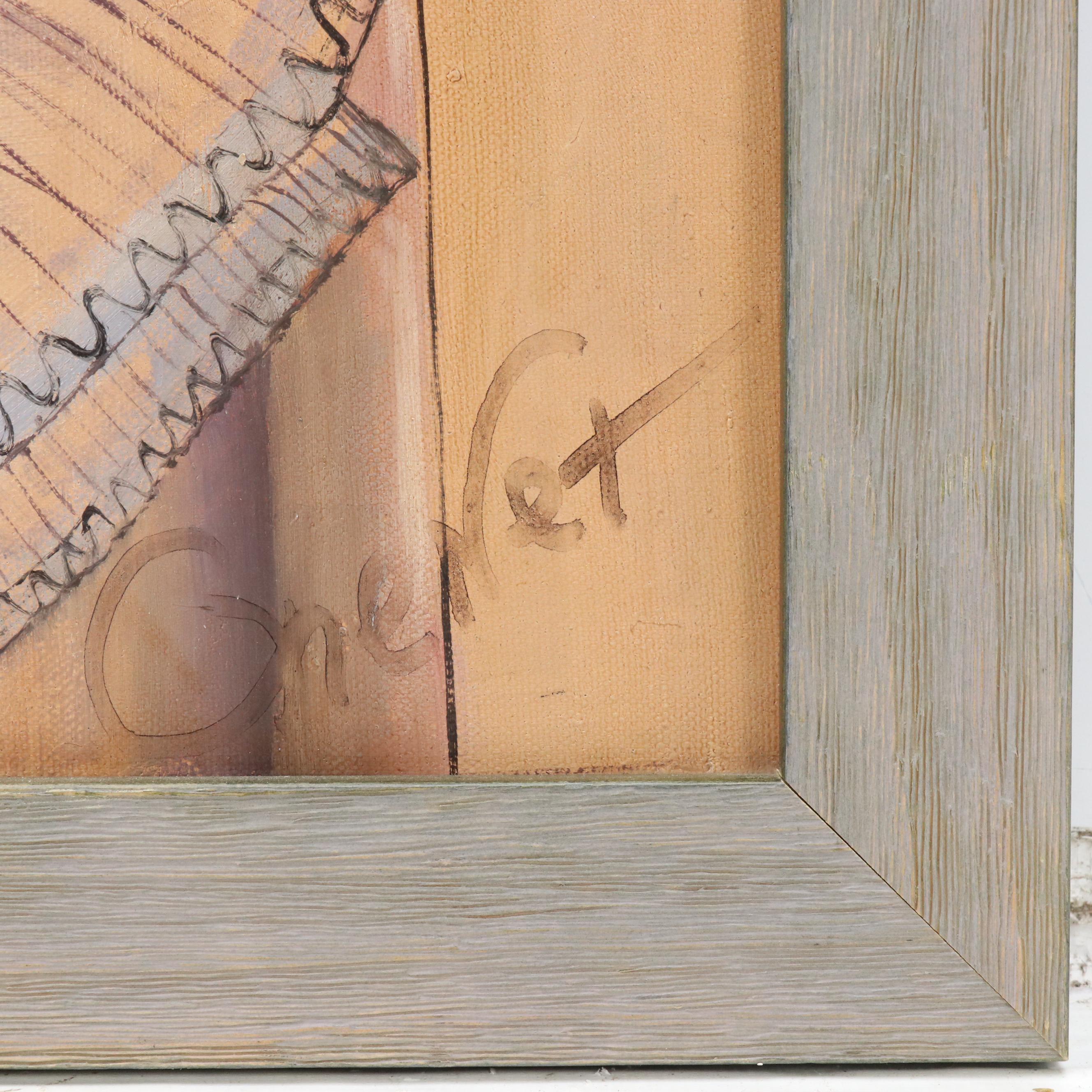 Modernist Portrait Oil Painting of Woman with Flower Hat