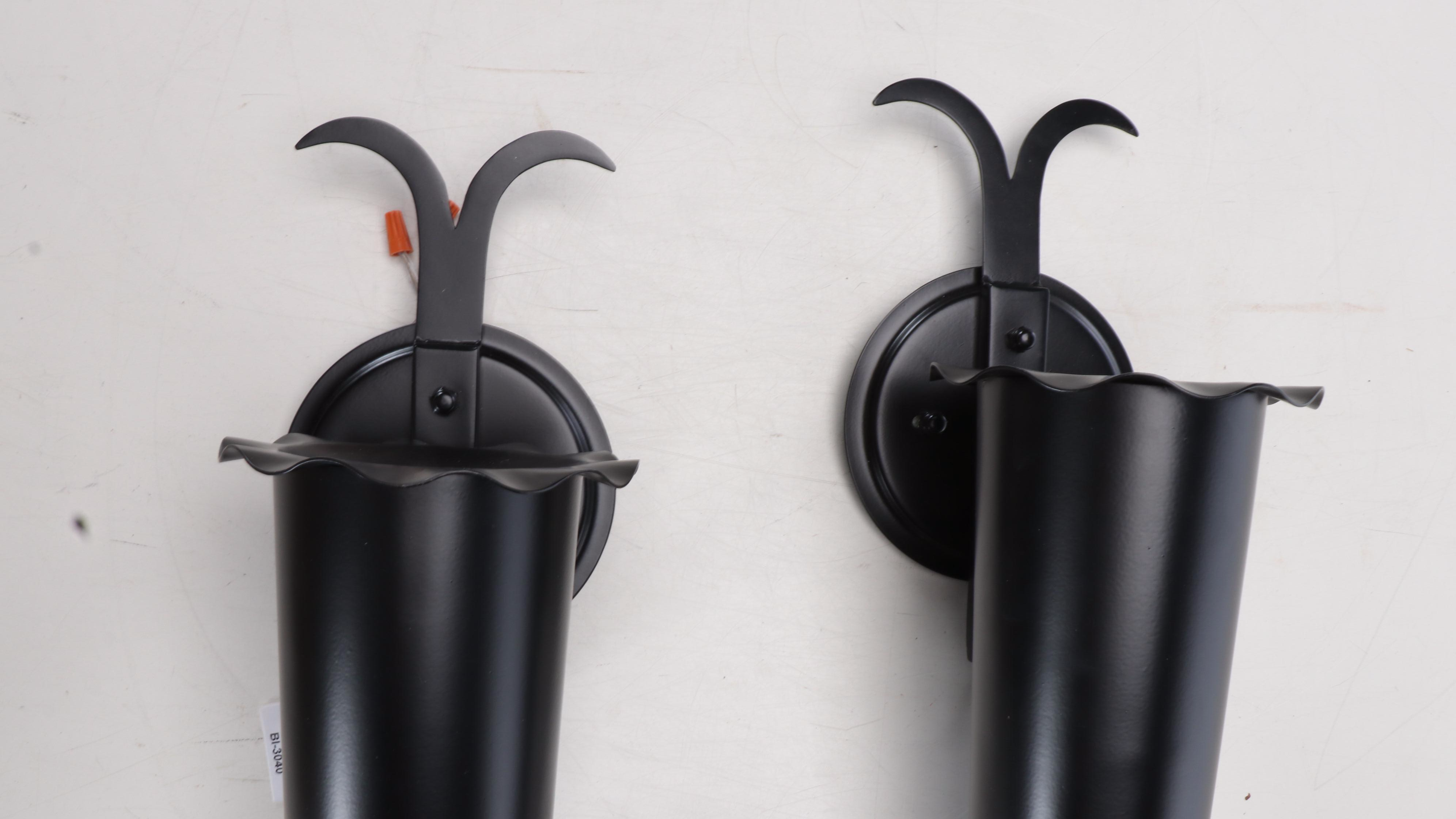 Pair of Spanish Revival Style Black Metal Wall Torchiere Lights