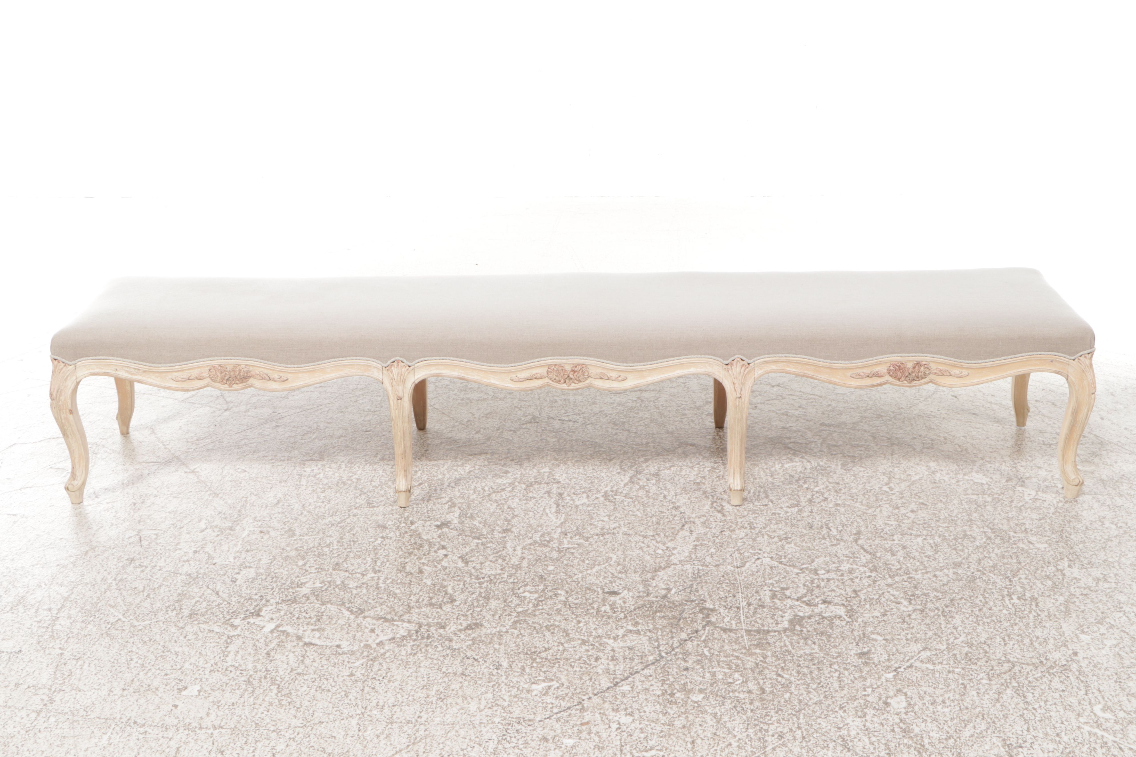 Swedish Gustavian Style Bench-Made Carved Wood and Upholstered Long Bench