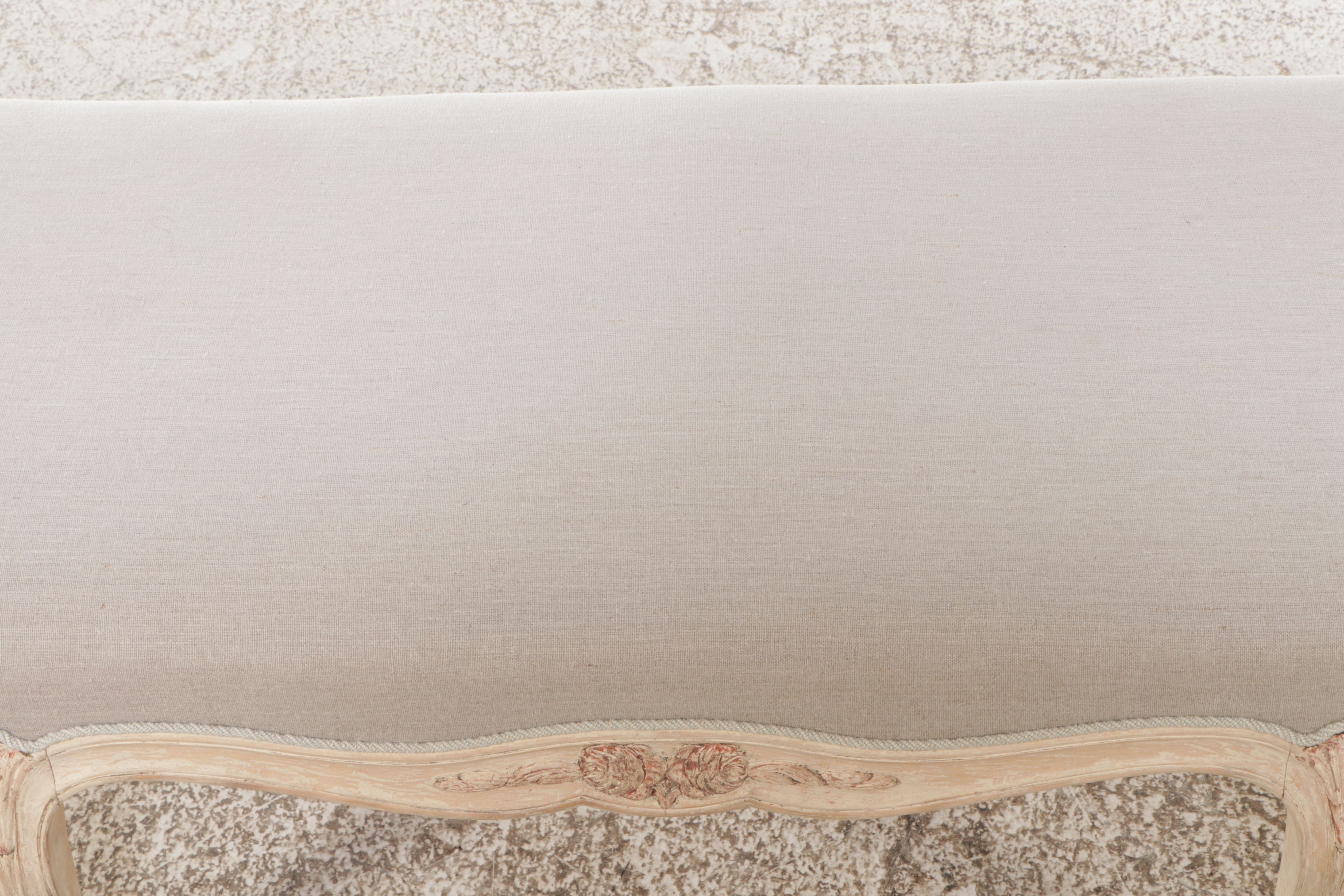 Swedish Gustavian Style Bench-Made Carved Wood and Upholstered Long Bench