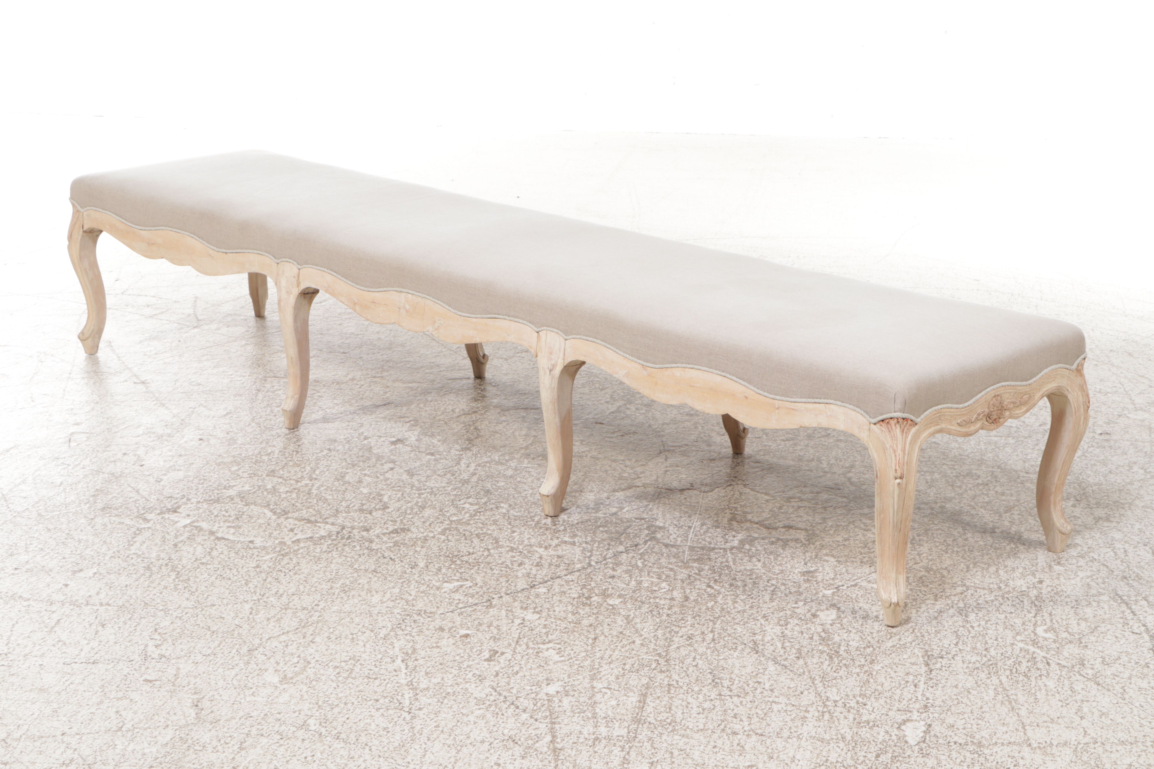 Swedish Gustavian Style Bench-Made Carved Wood and Upholstered Long Bench