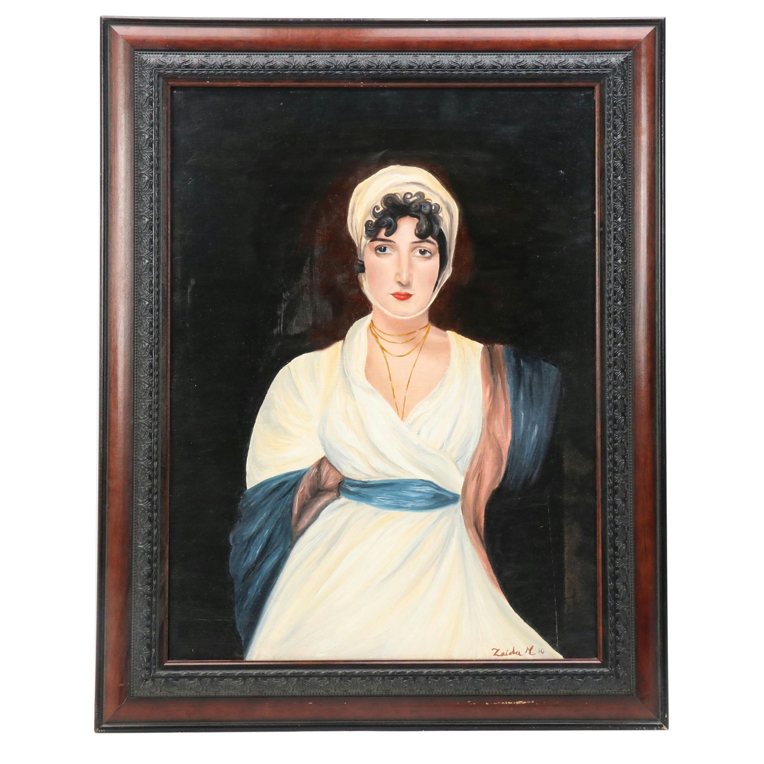 Zaida M. Portrait Oil Painting of Woman in White Dress, 2016