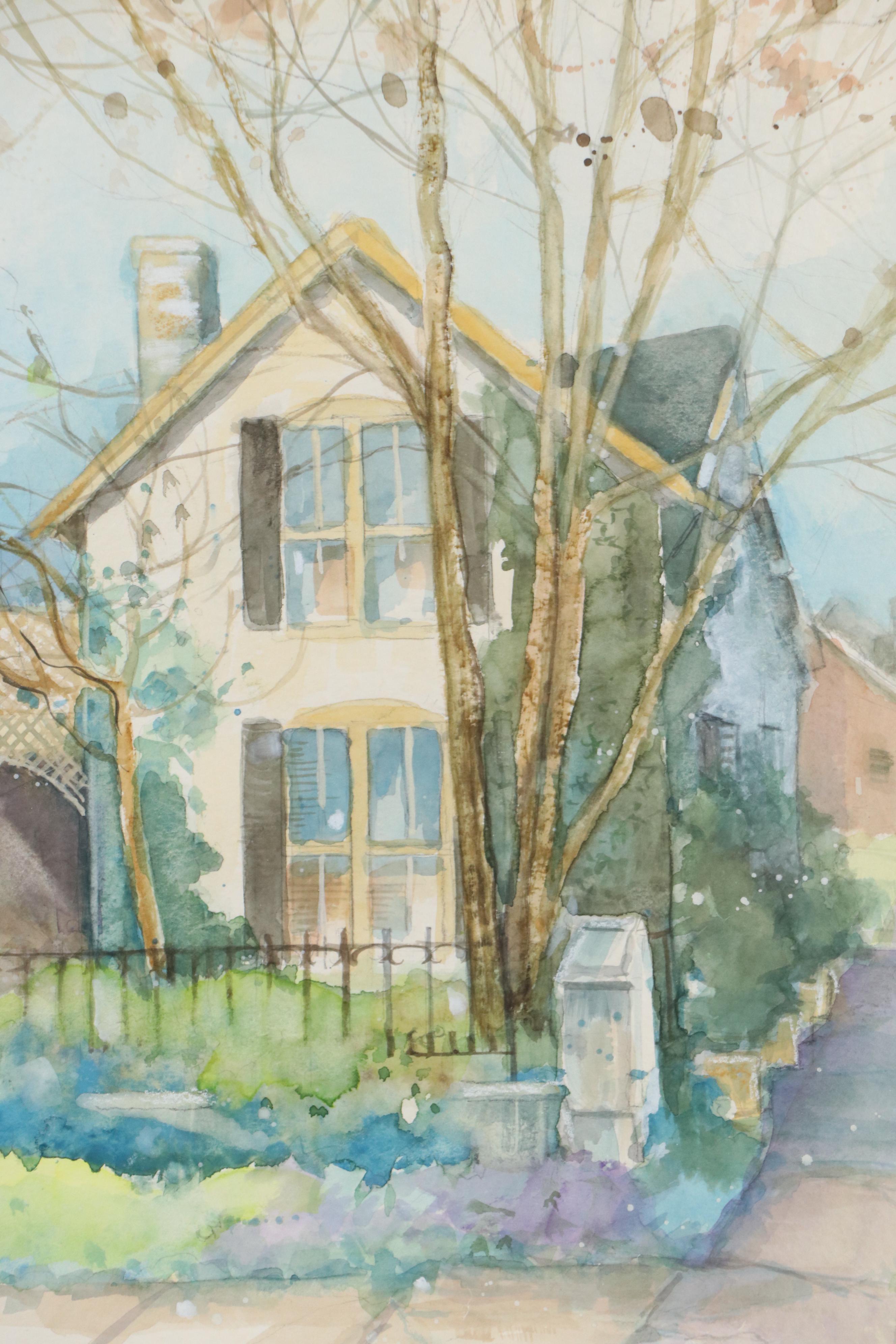 Ellen Haffner Residential Landscape Watercolor Painting, Circa 1980