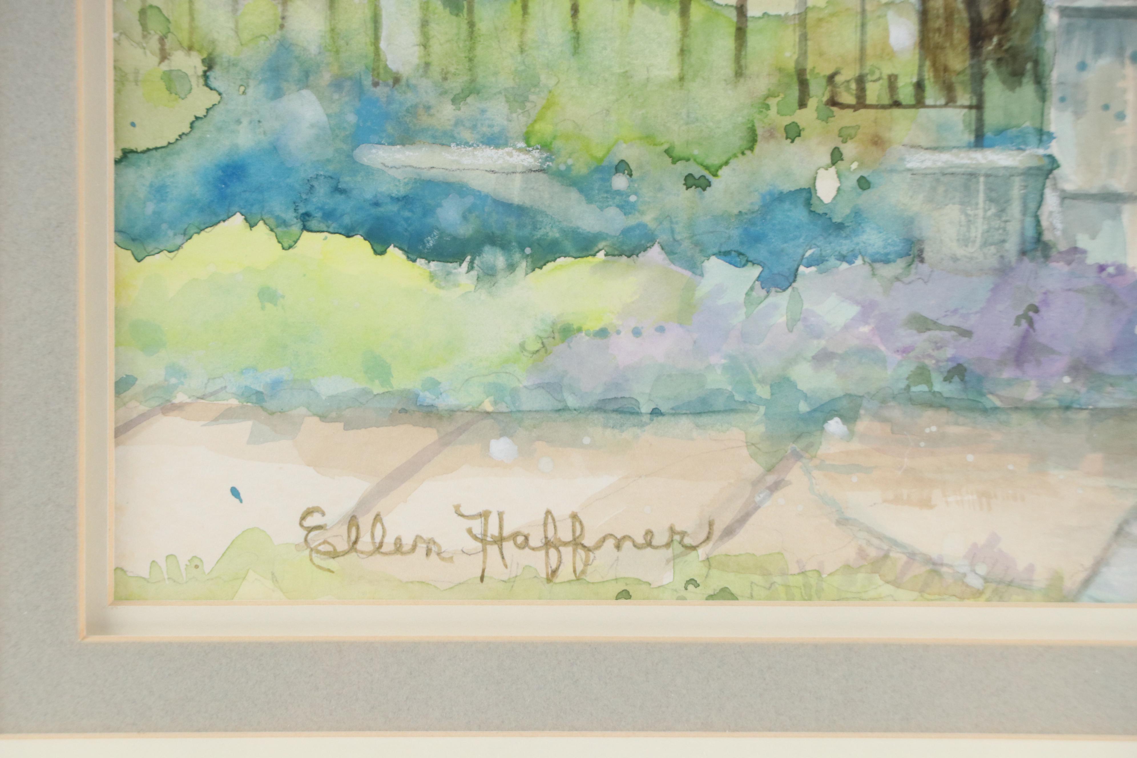 Ellen Haffner Residential Landscape Watercolor Painting, Circa 1980