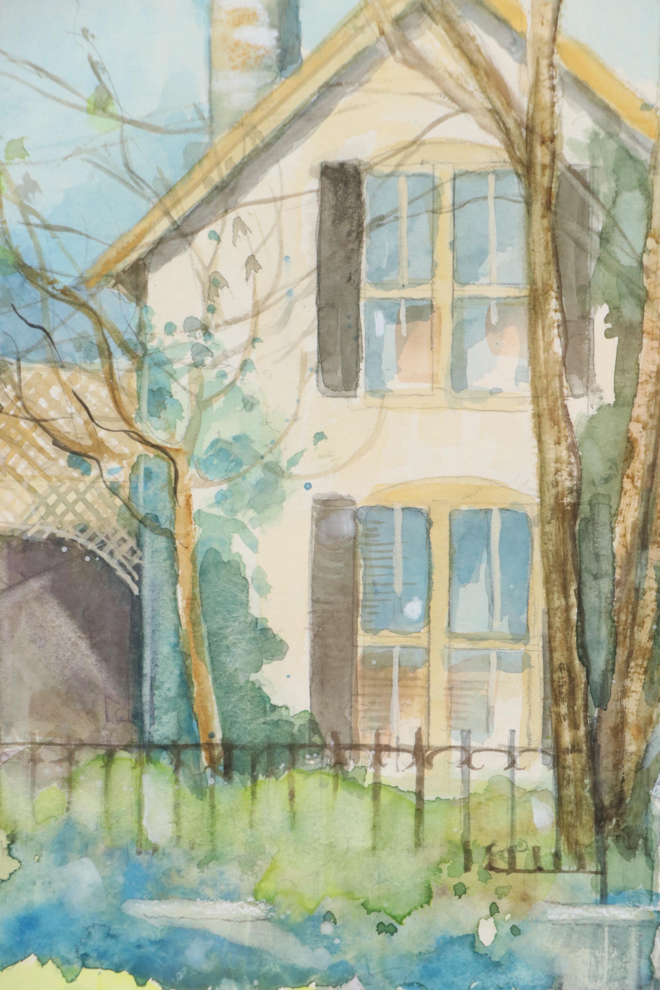 Ellen Haffner Residential Landscape Watercolor Painting, Circa 1980