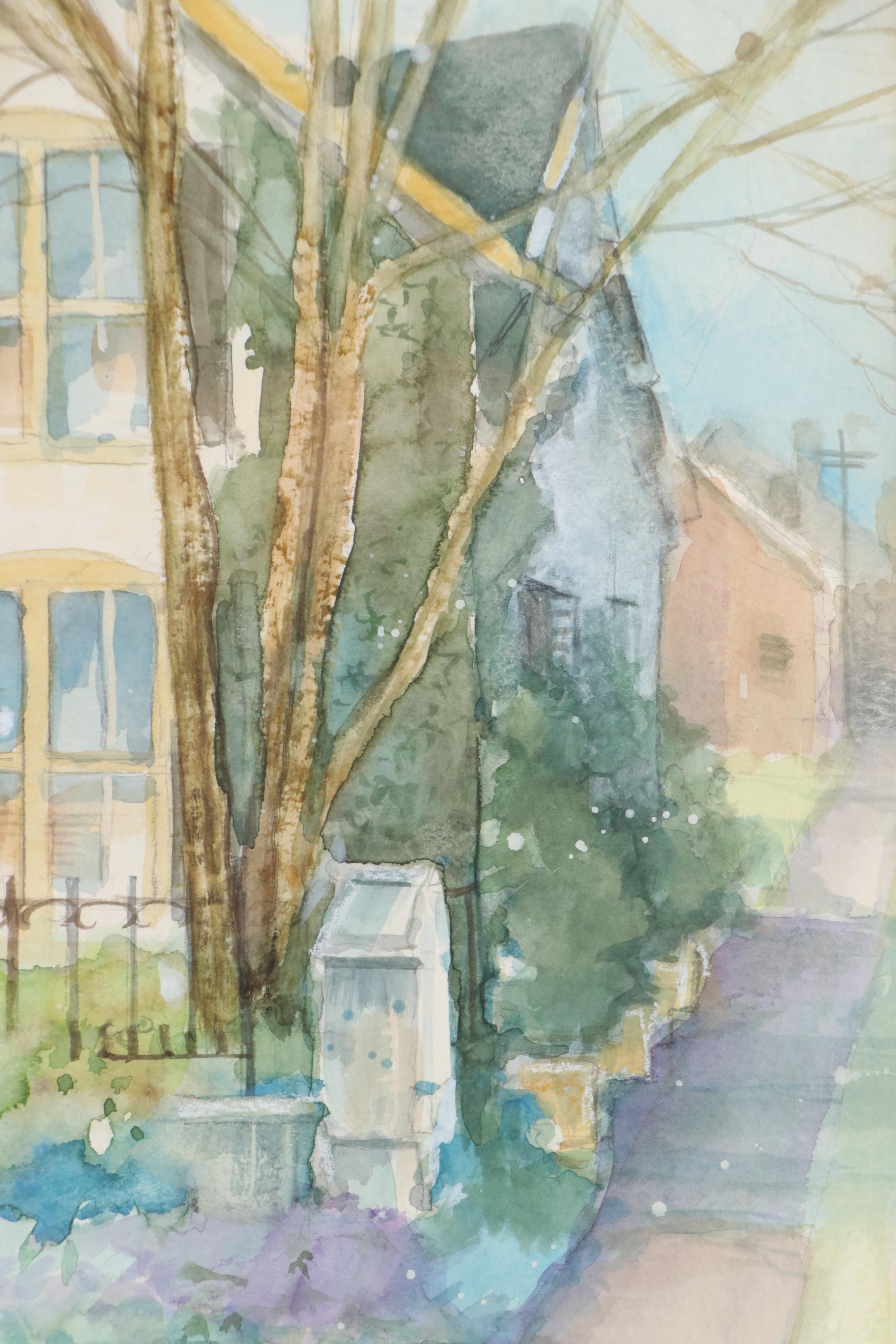 Ellen Haffner Residential Landscape Watercolor Painting, Circa 1980