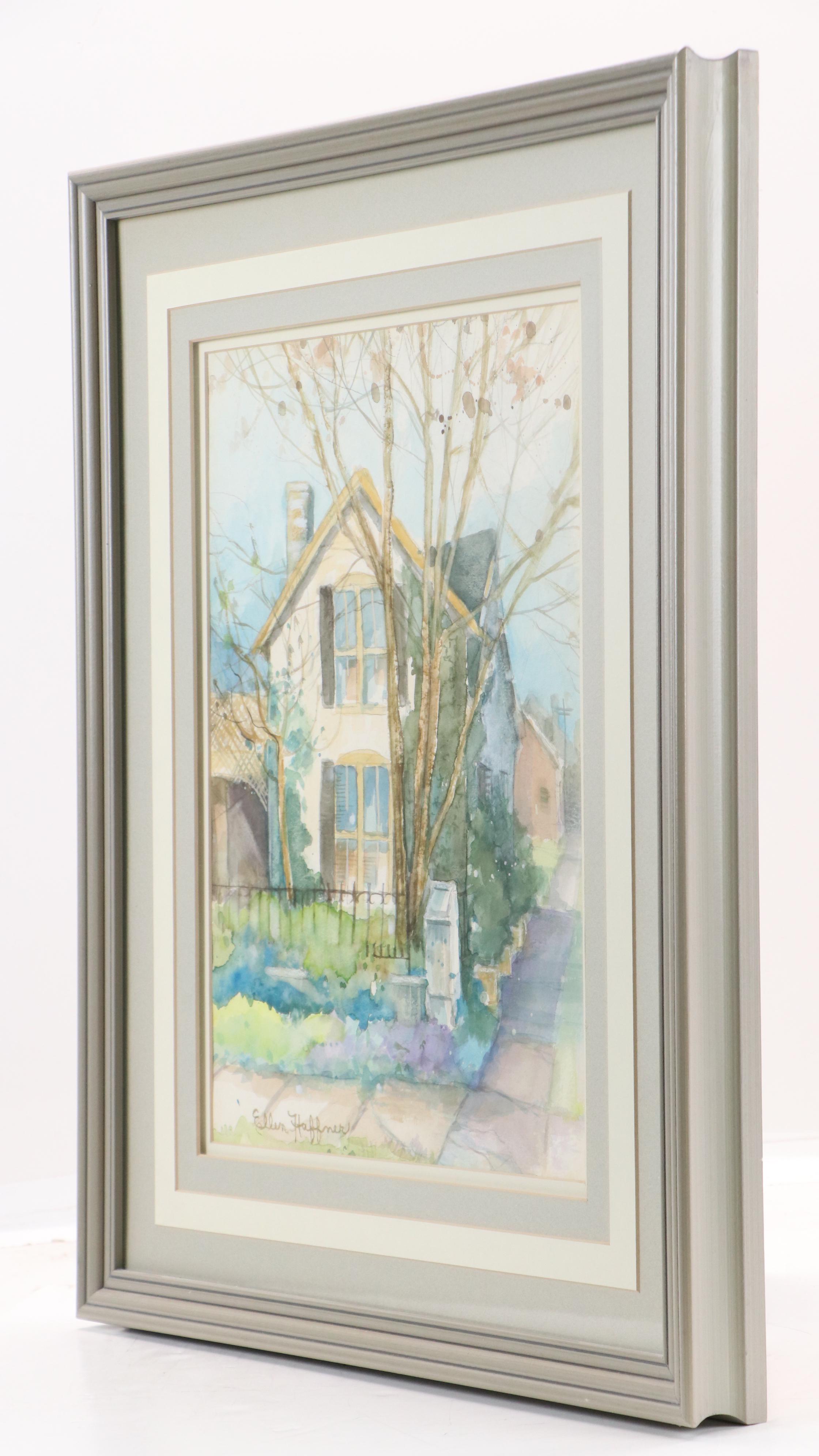 Ellen Haffner Residential Landscape Watercolor Painting, Circa 1980