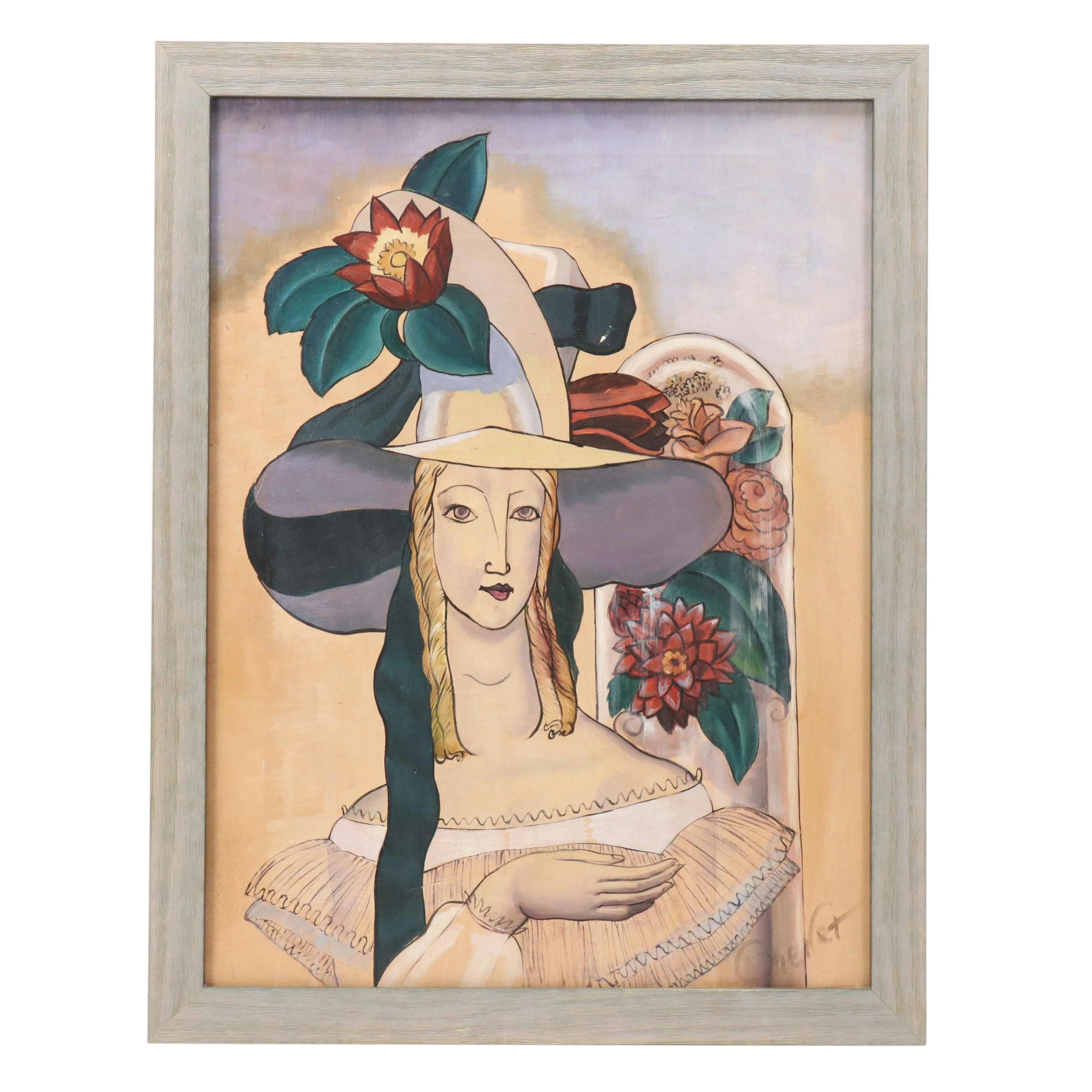 Modernist Portrait Oil Painting of Woman with Flower Hat