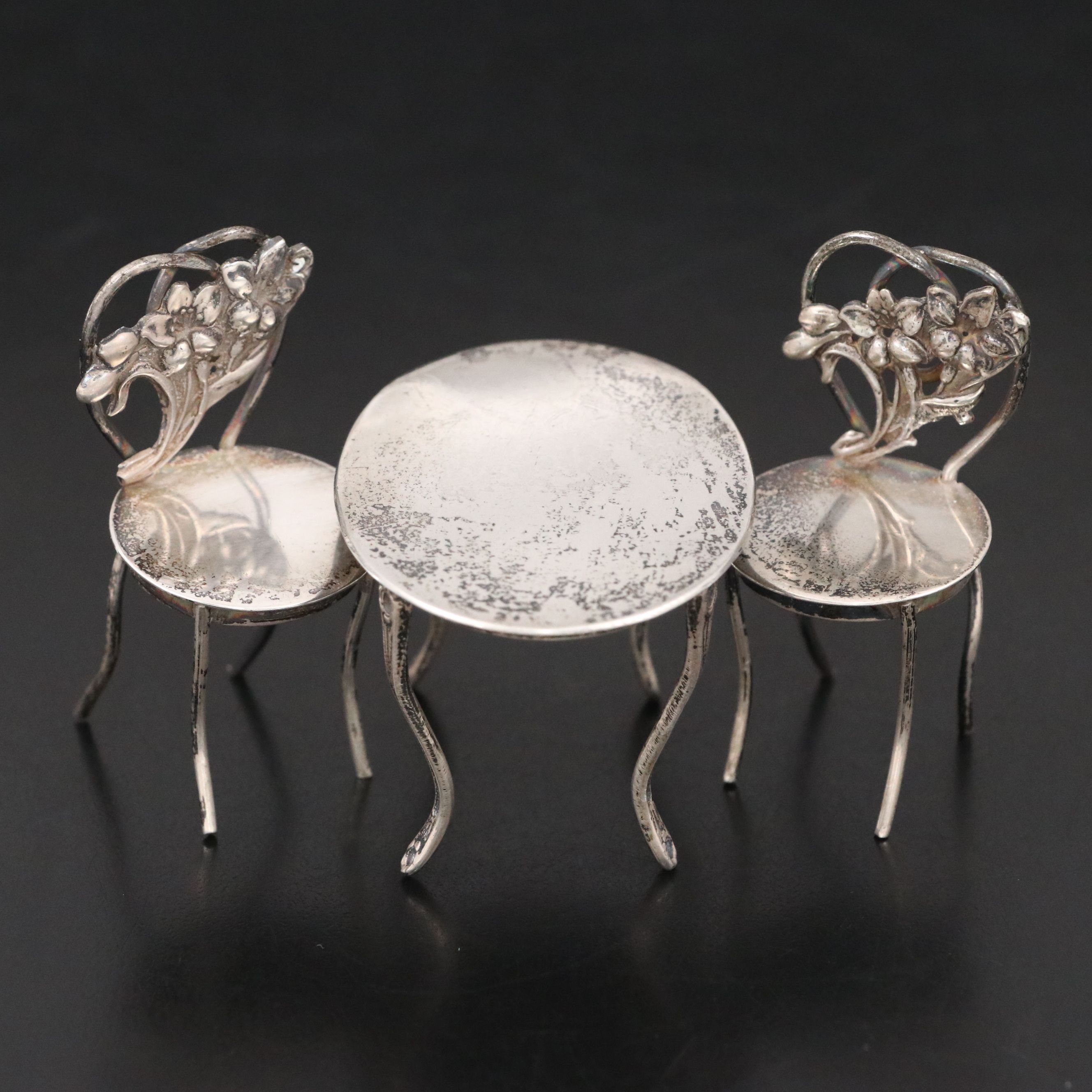 Miniature Sterling Silver Bistro Table and Lily Chairs