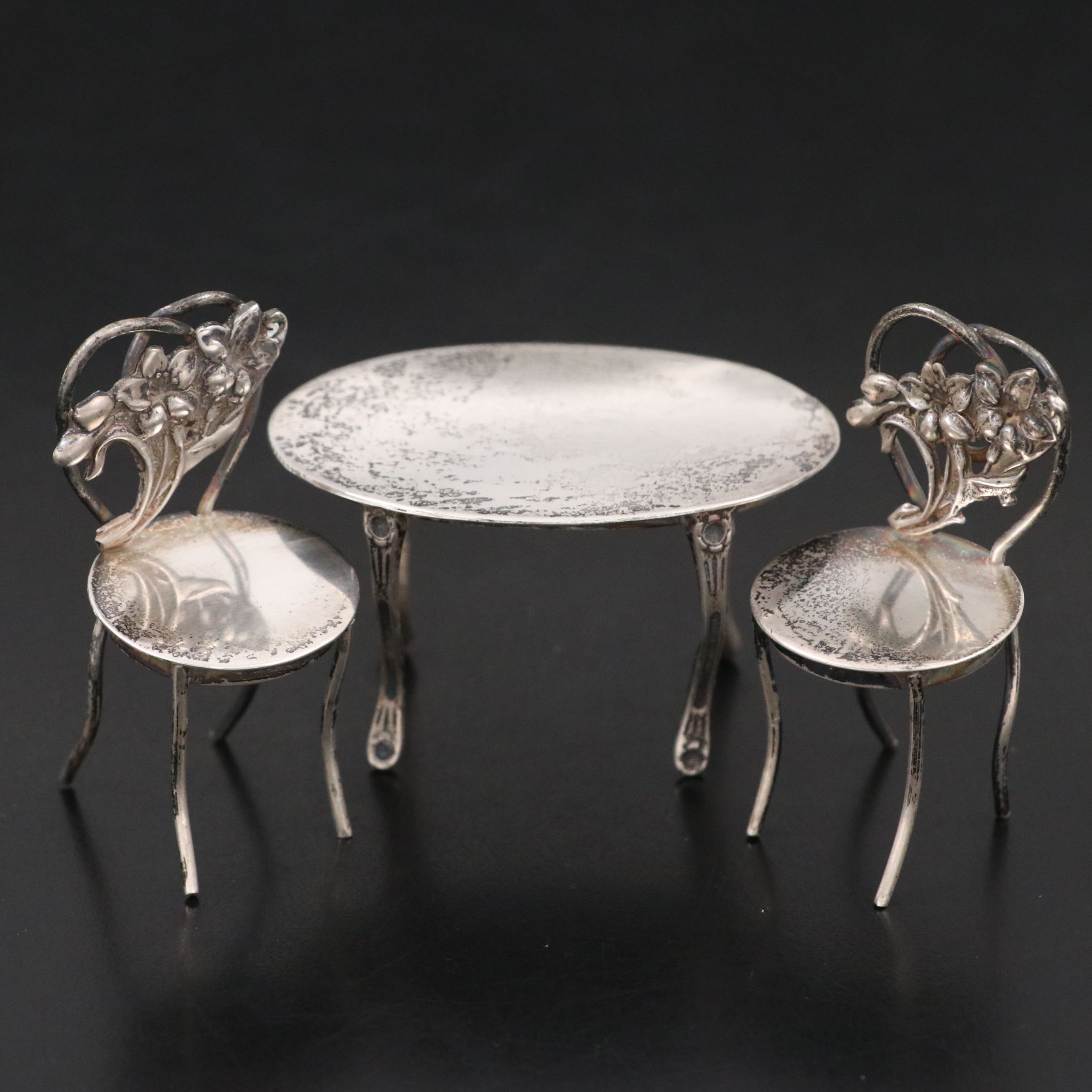 Miniature Sterling Silver Bistro Table and Lily Chairs