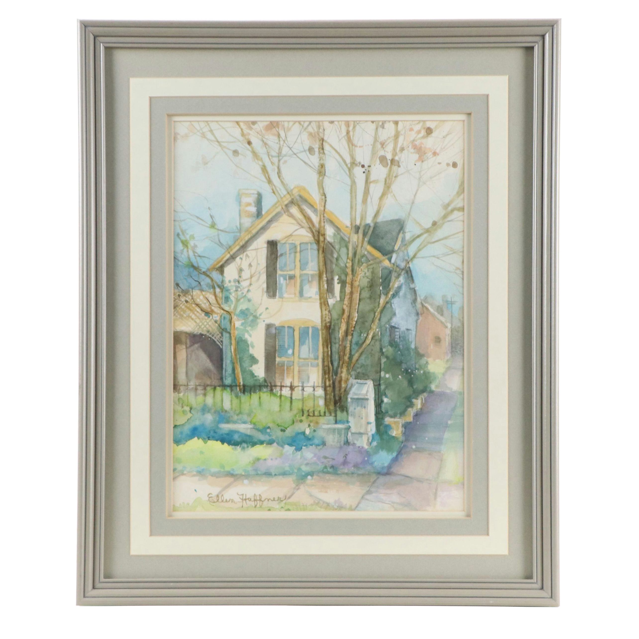 Ellen Haffner Residential Landscape Watercolor Painting, Circa 1980